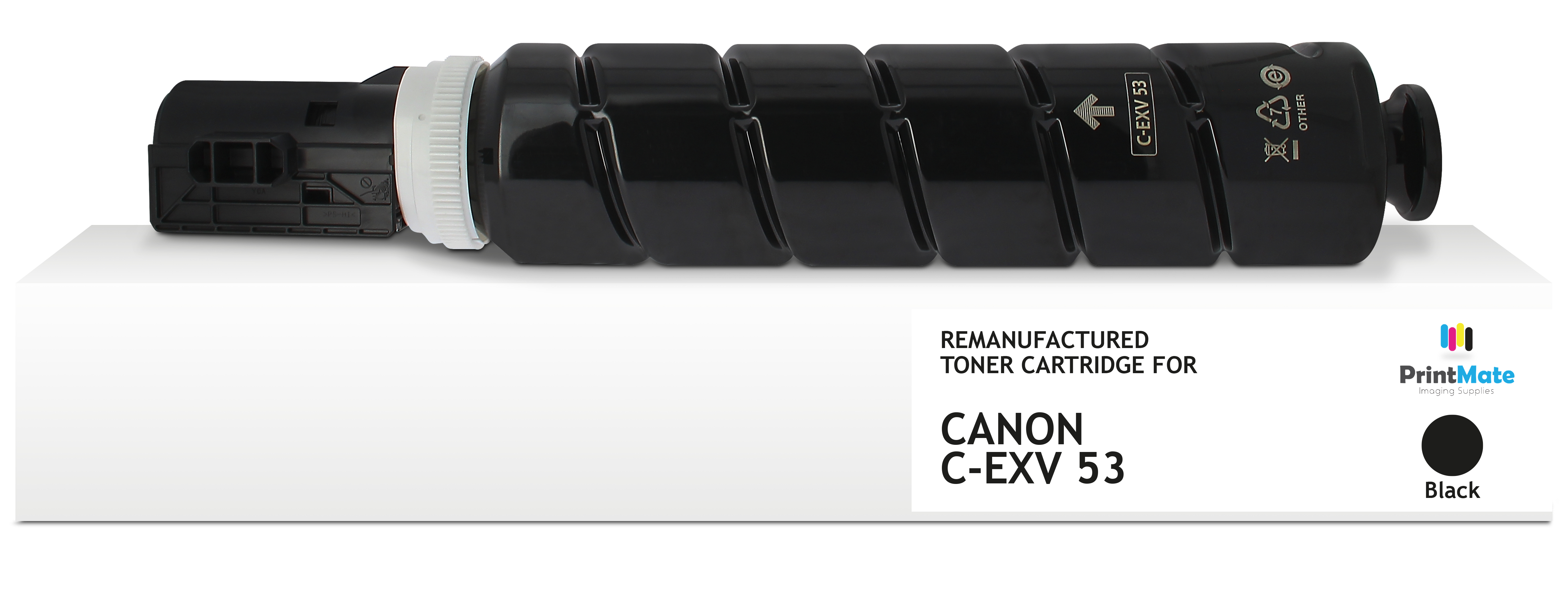 Cartuccia toner nera su superficie bianca. L'etichetta recita 'Canon C-EXV 53'. Logo PrintMate con cerchio nero e 'Nero'.