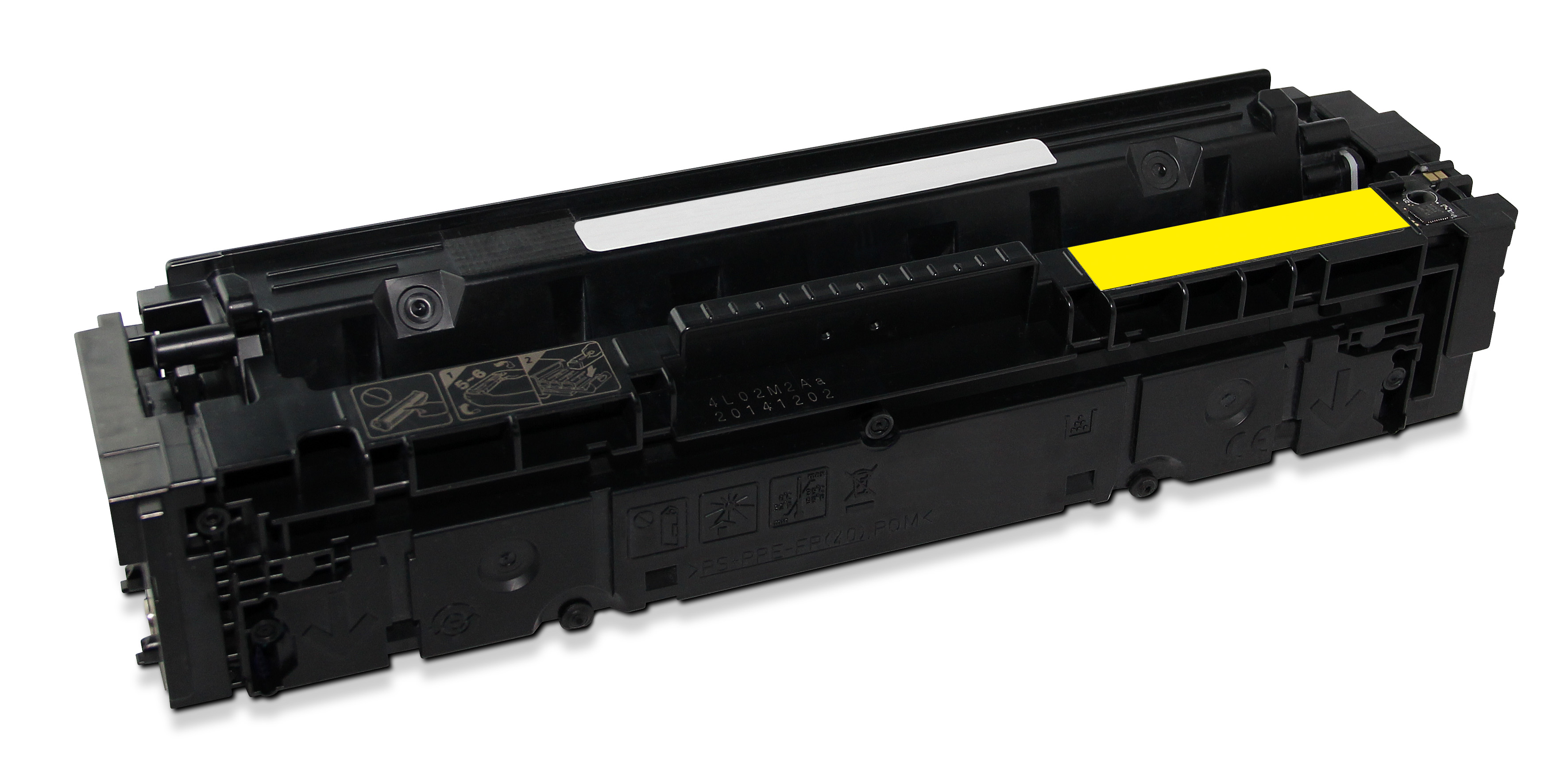 Una cartuccia toner nera con sezione gialla ed etichetta bianca. Su sfondo bianco.