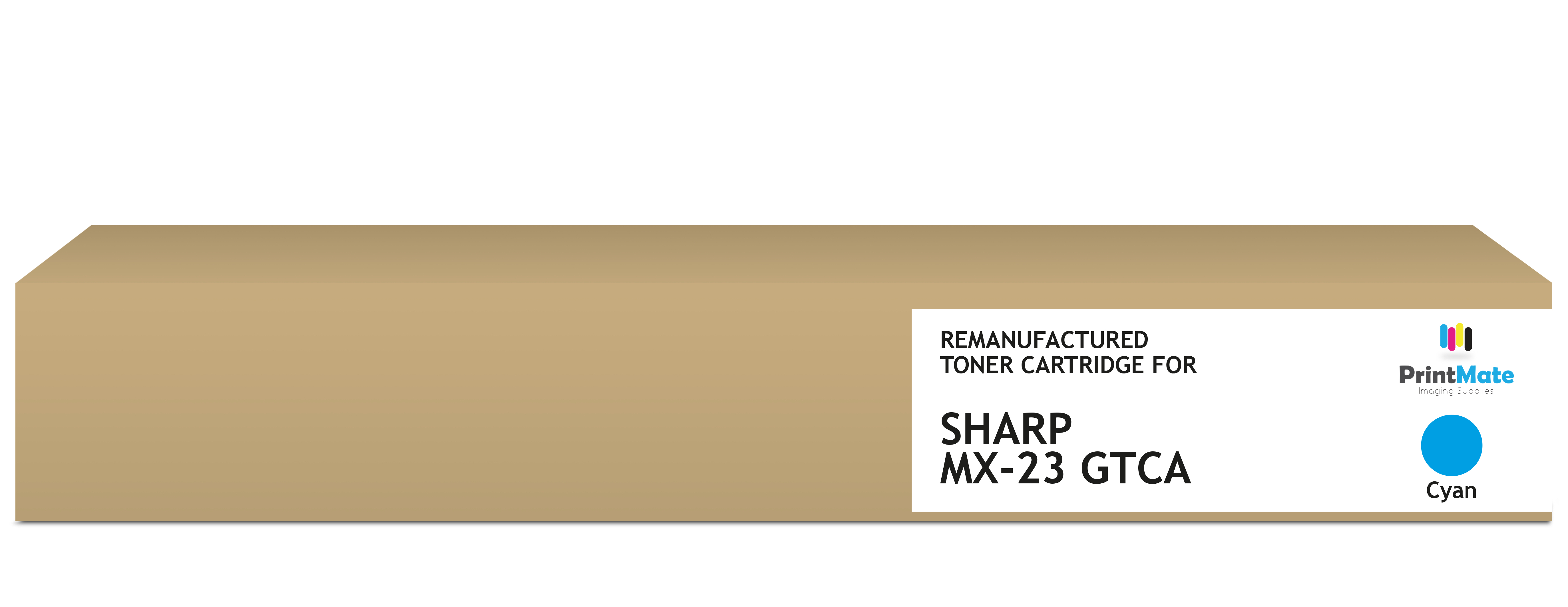 Una scatola marrone chiaro con un'etichetta che recita 'Cartuccia toner rigenerata per SHARP MX-23 GTCA' con un cerchio ciano.