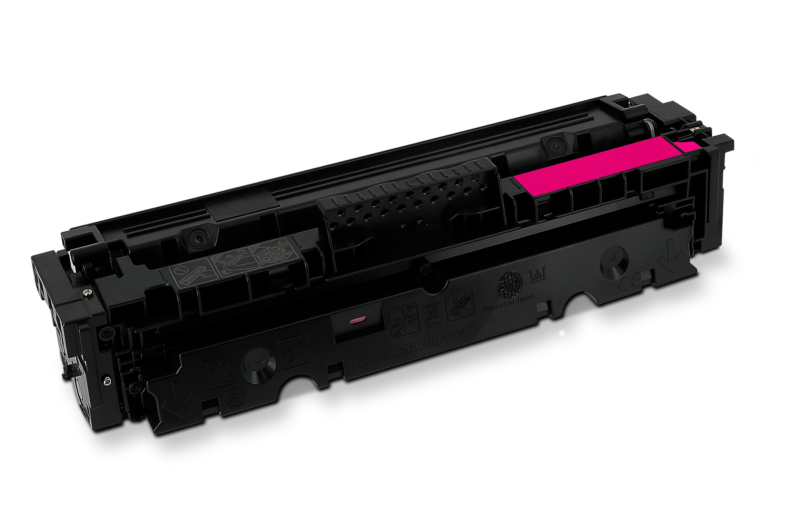 Una cartuccia toner nera con una striscia rosa acceso su sfondo bianco. La cartuccia è inclinata verso destra.