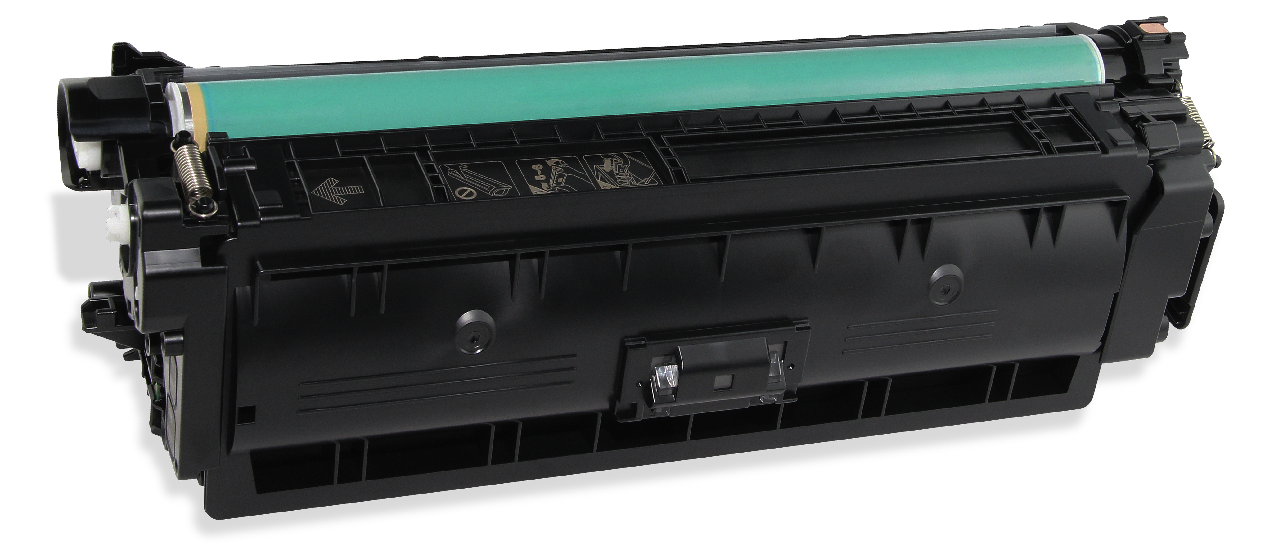 Una cartuccia toner nera per stampante, con rullo verde visibile. Ha parti meccaniche complesse e uno sfondo bianco.