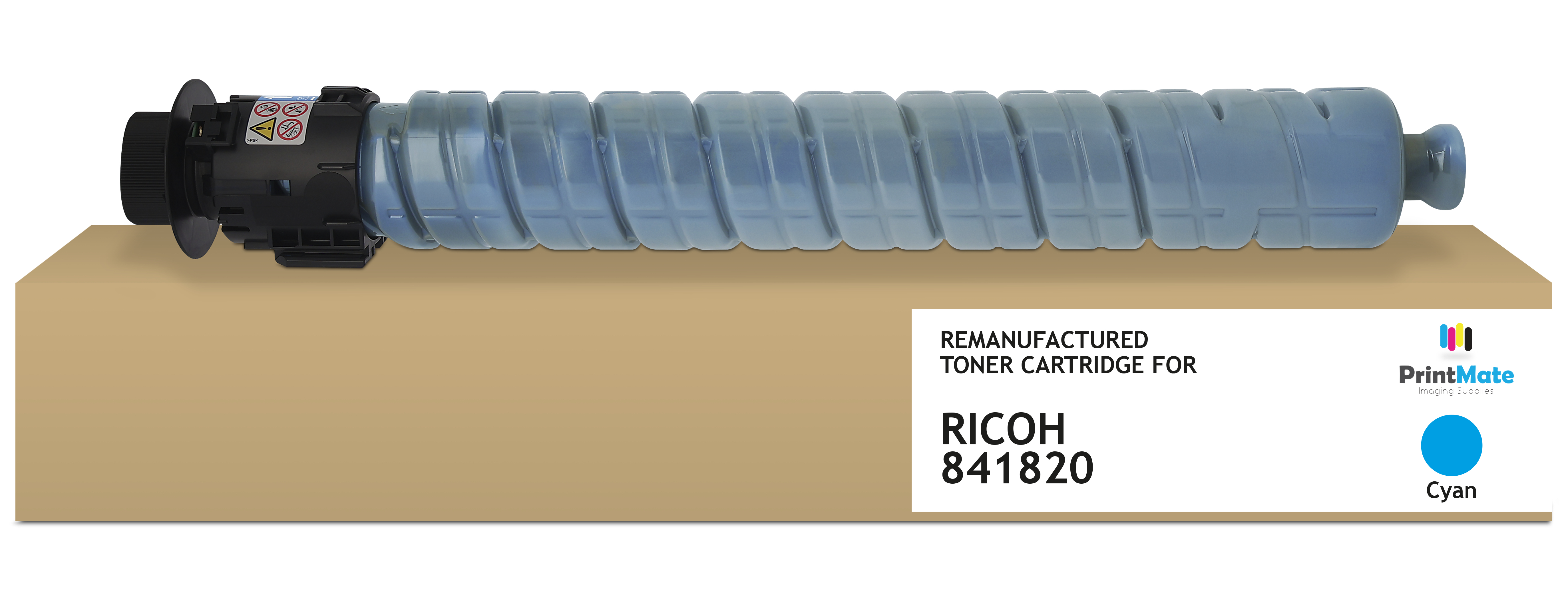 Cartuccia toner ciano per Ricoh 841820 su scatola marrone. Logo PrintMate e indicazione colore ciano visibili.