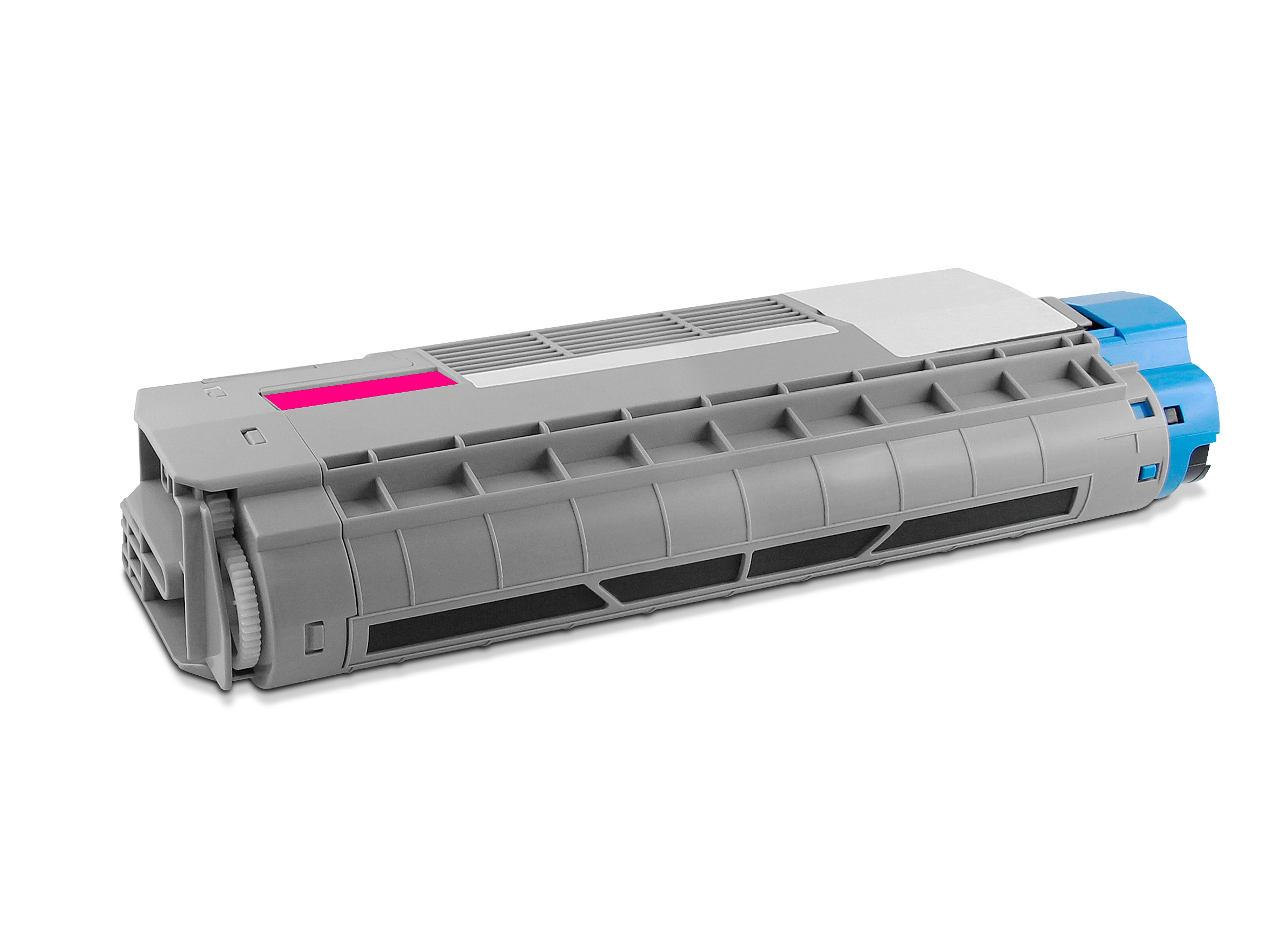 Una cartuccia toner per stampante grigia e blu, con una striscia rosa, su una superficie bianca.