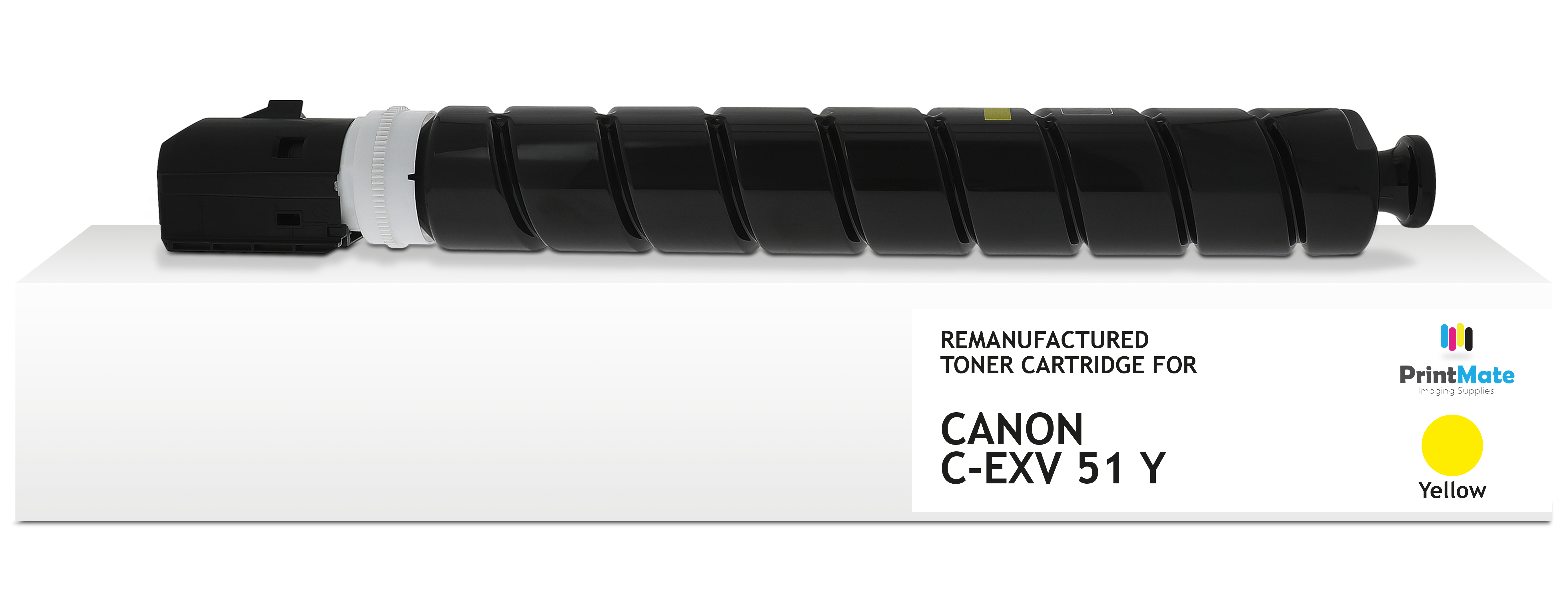 Cartuccia toner nera per Canon C-EXV 51 Y, rigenerata. La confezione mostra un cerchio giallo e il logo PrintMate.