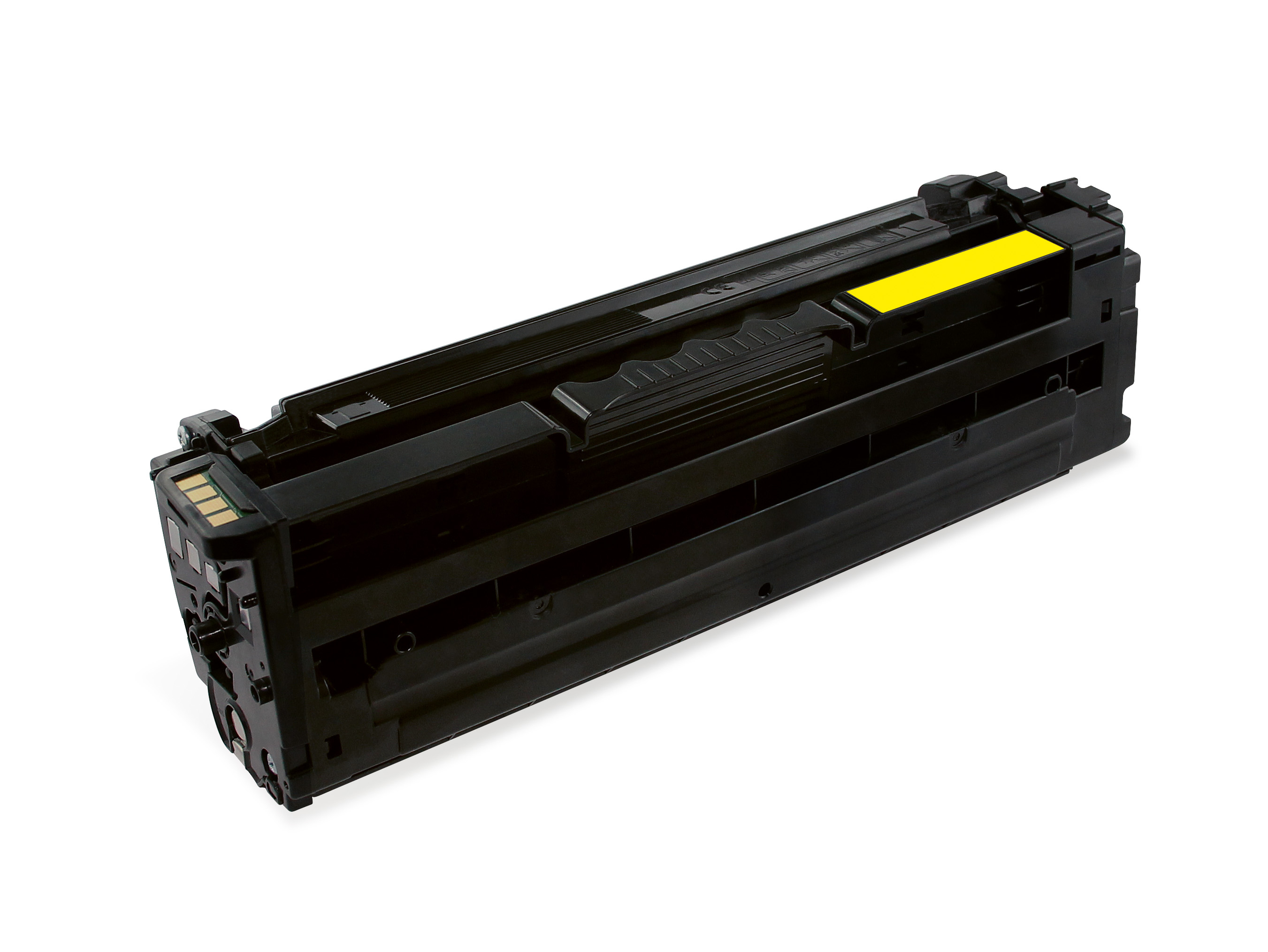Cartuccia toner per stampante nera, dettaglio giallo, su sfondo bianco. La cartuccia è angolata, con alcuni dettagli visibili.