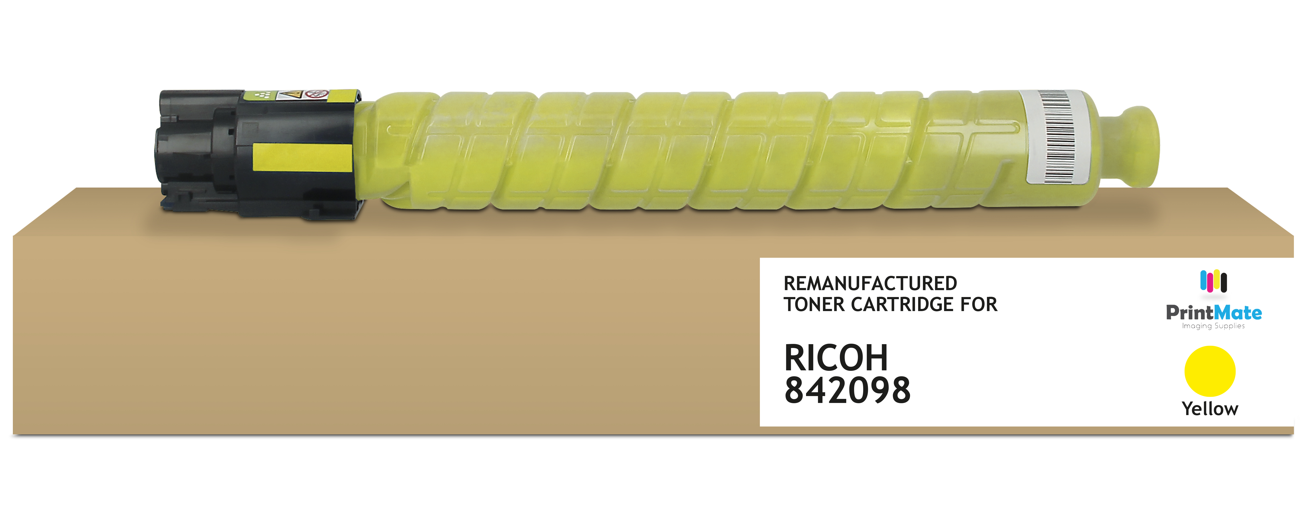 Una cartuccia toner gialla su una scatola marrone, con un'etichetta che indica 'RICOH 842098'. La scatola ha il logo 'PrintMate' e l'etichetta 'Giallo'.