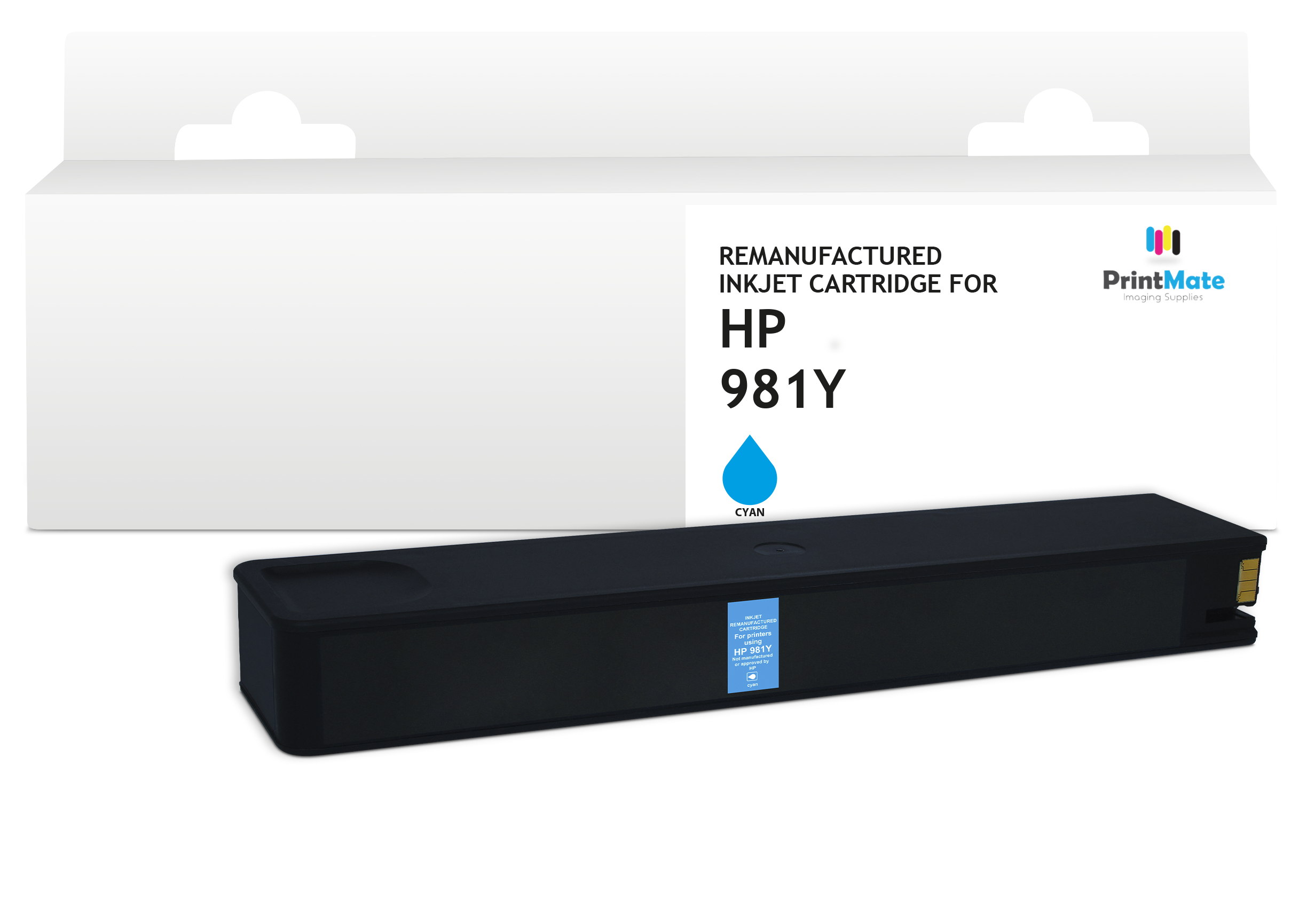 Una cartuccia d'inchiostro nera e ciano per stampanti HP 981Y è esposta davanti alla sua confezione bianca.