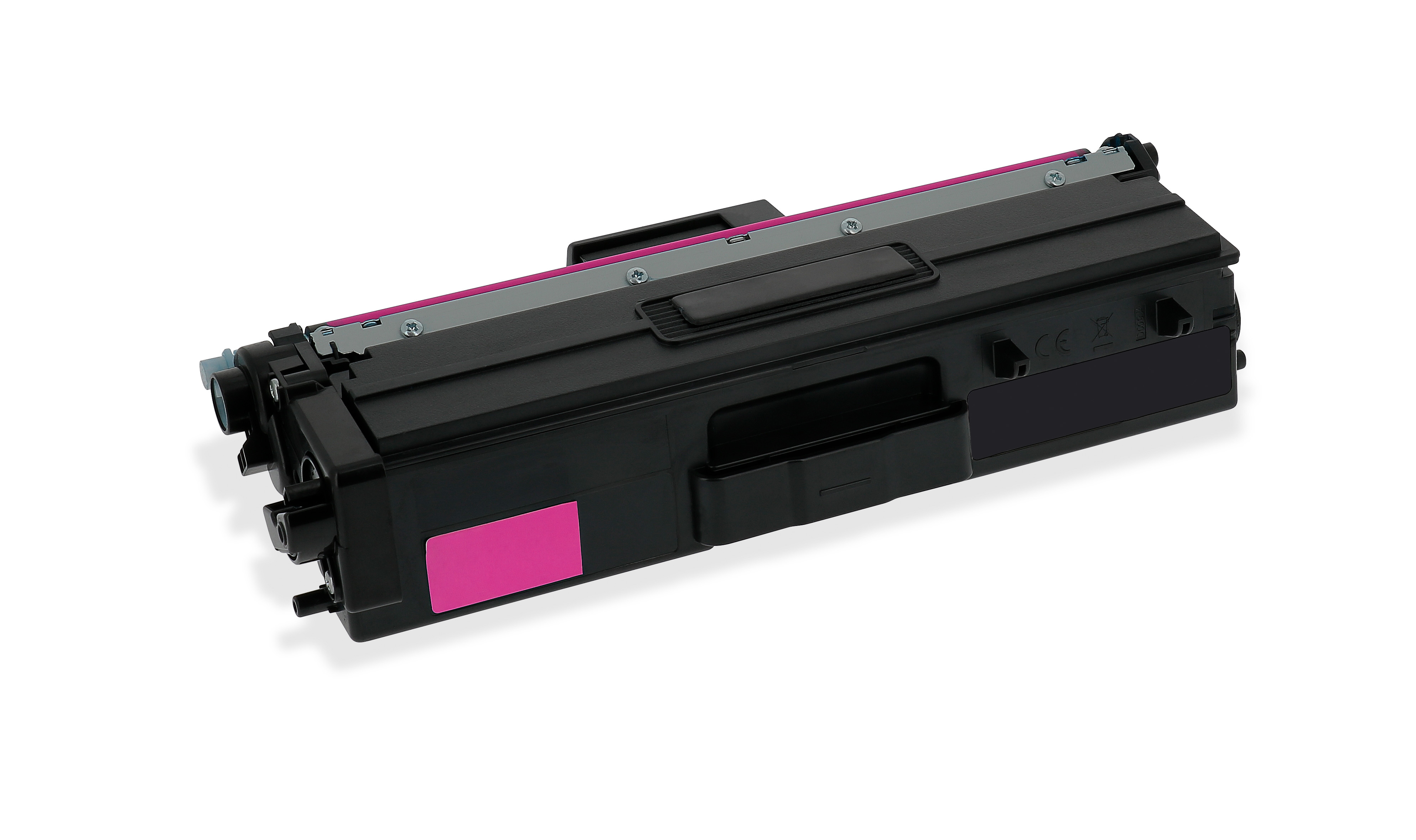 Una cartuccia toner nera con una striscia rosa su sfondo bianco. Etichetta rosa visibile.