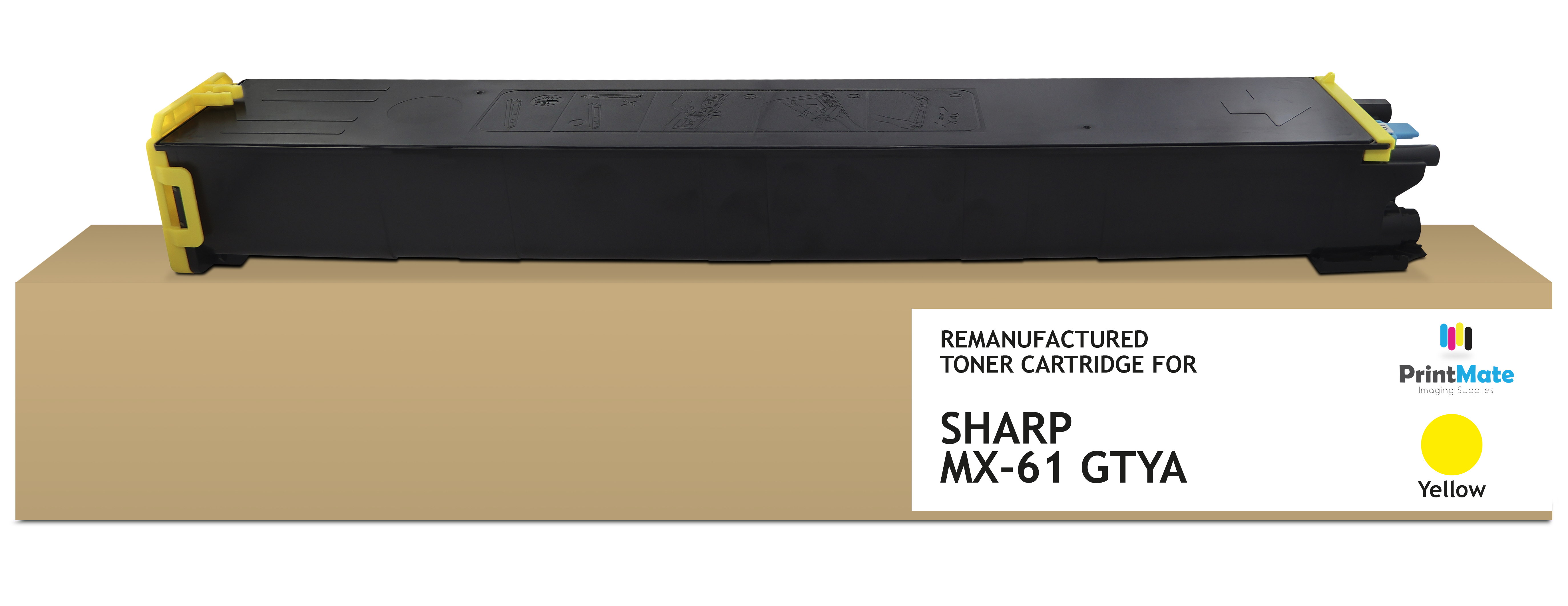 Una cartuccia toner nera con dettagli gialli su una scatola marrone. Il testo recita: 'Remanufactured Toner Cartridge for Sharp MX-61 GTYA Yellow'.