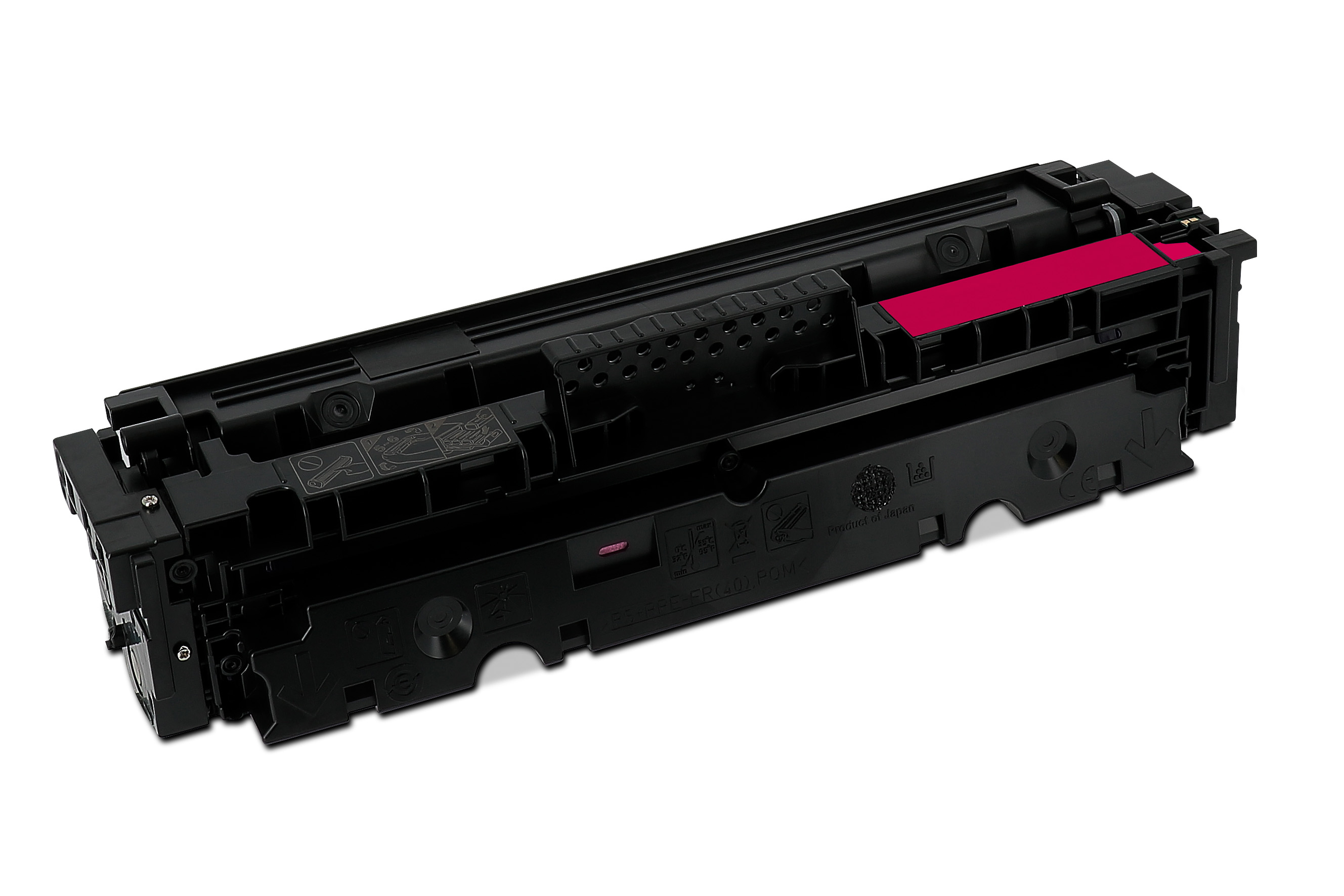Una cartuccia nera per stampante con una sezione di inchiostro rosa. È su sfondo bianco.