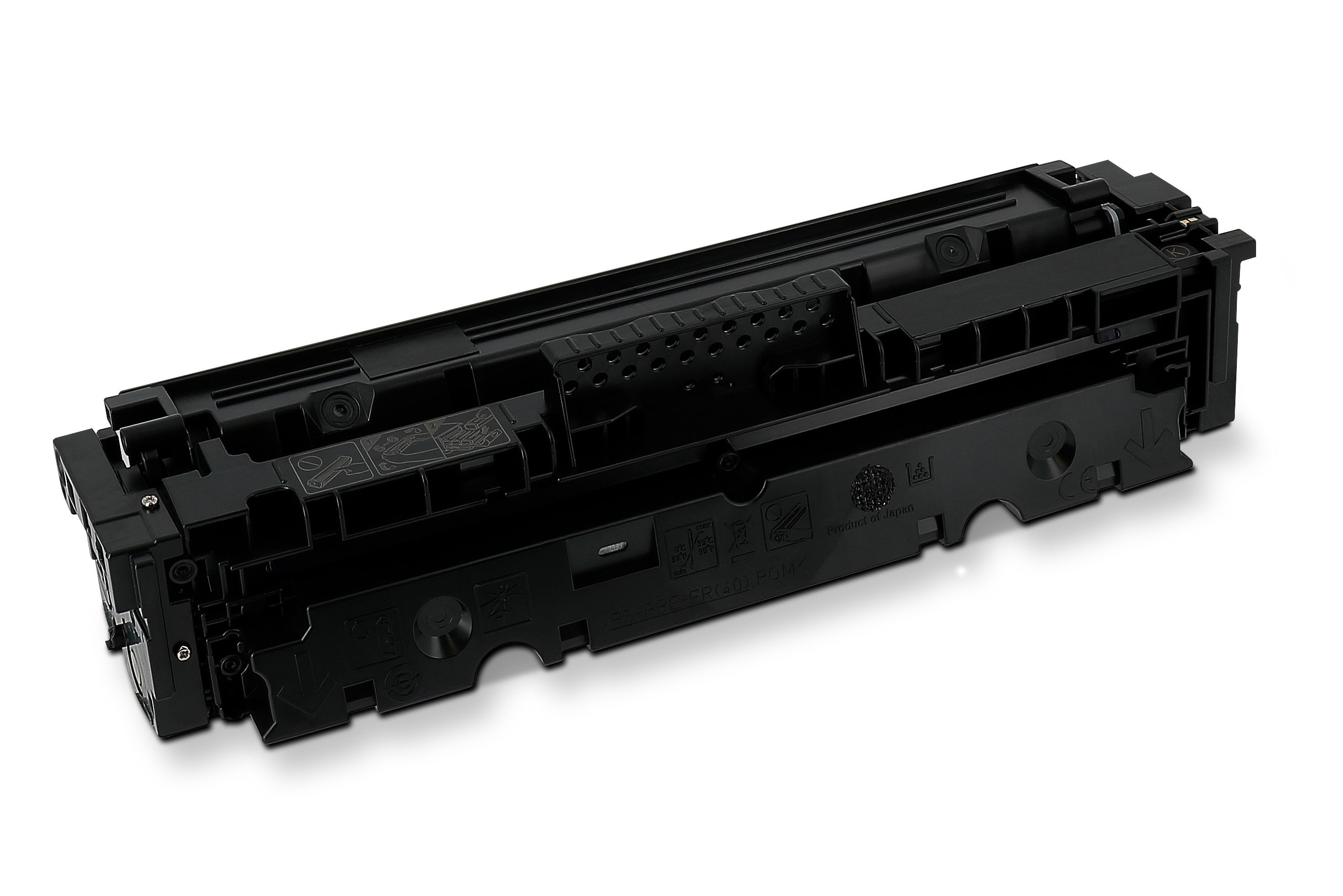 Cartuccia toner nera per stampante su sfondo bianco. È in plastica e presenta vari contrassegni.