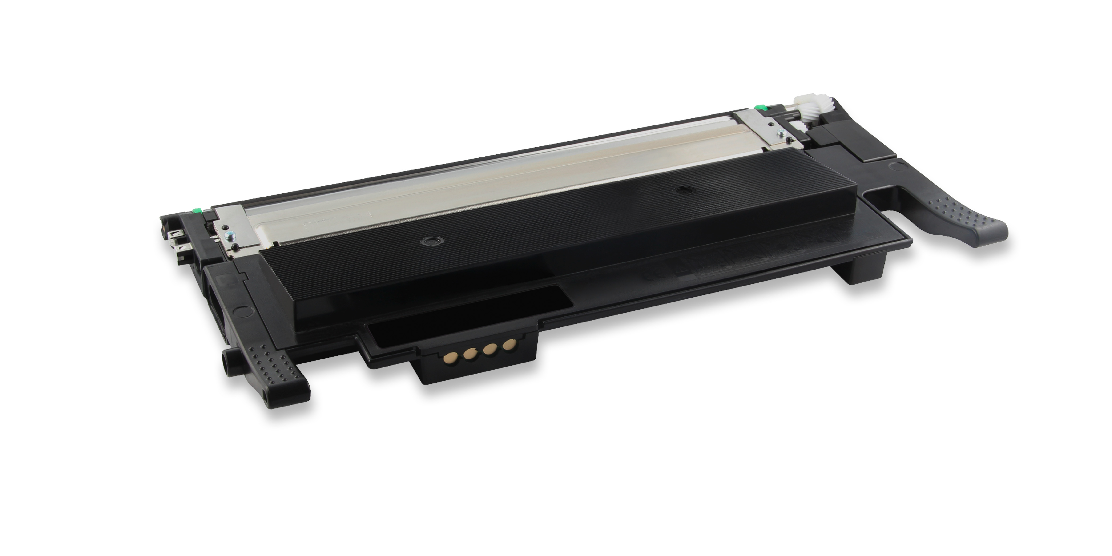 Una cartuccia toner nera per stampante su sfondo bianco. Ha una maniglia, parti metalliche e un corpo nero a coste.