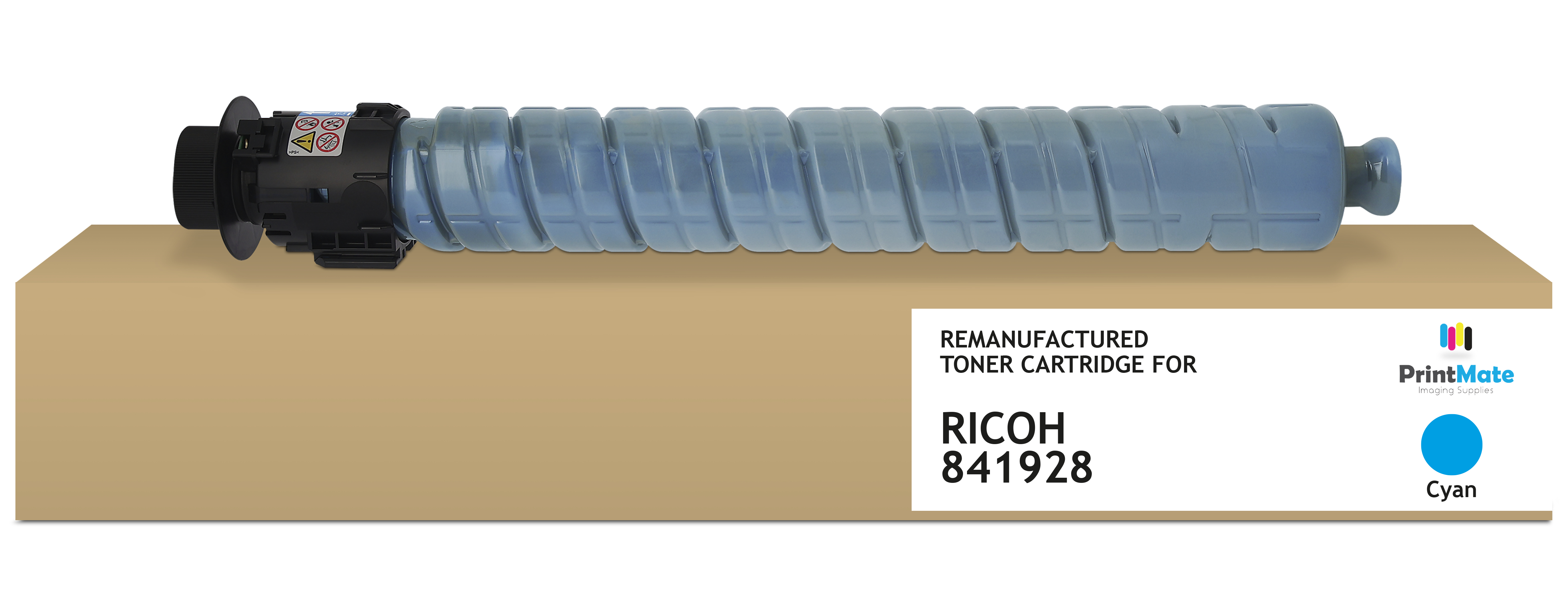 Cartuccia toner ciano su una scatola di cartone. La cartuccia è azzurra e nera. La scatola ha un'etichetta bianca con i dettagli del prodotto.