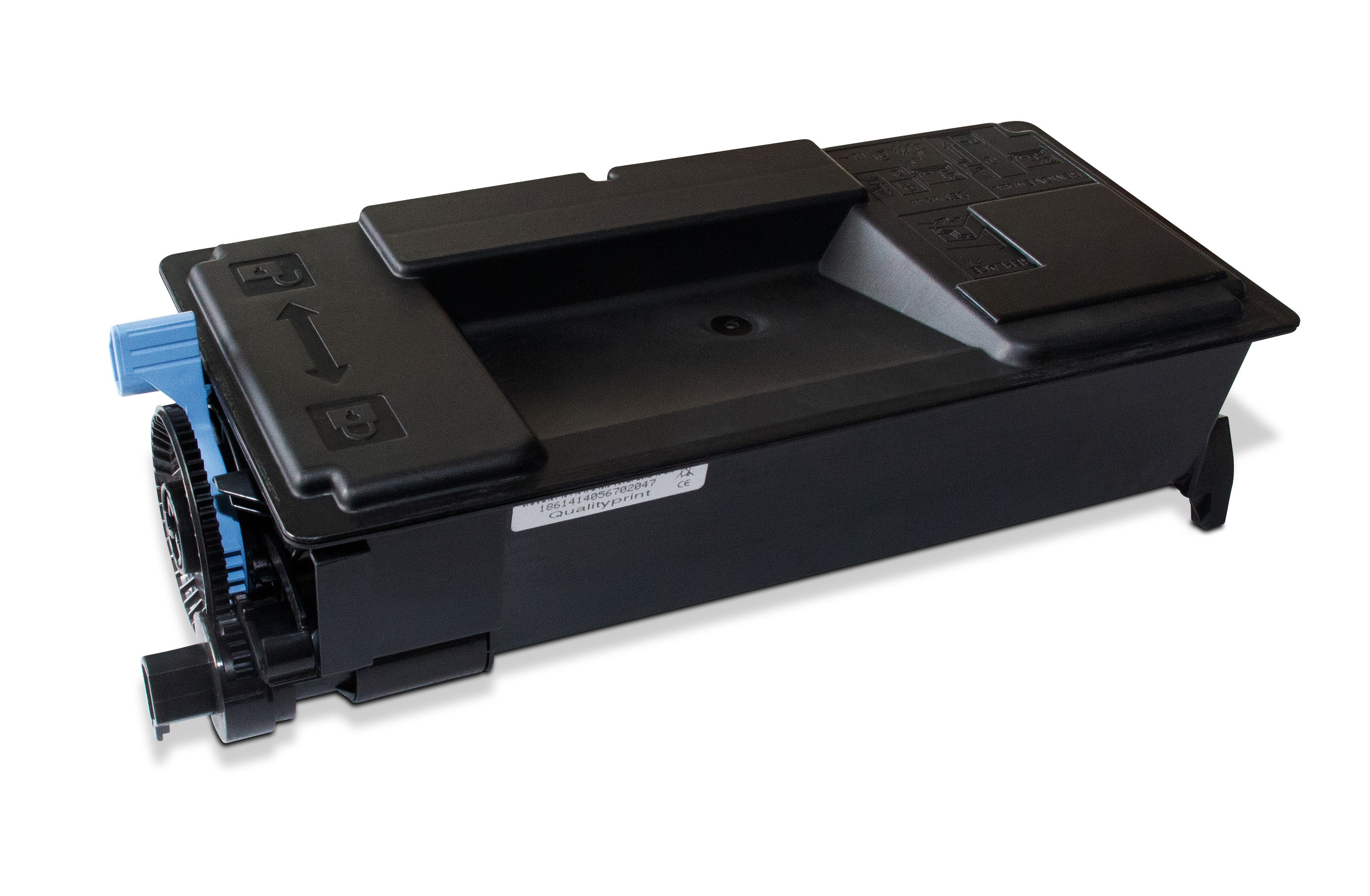 Una cartuccia toner nera con parti in plastica blu e nere su sfondo bianco. La cartuccia ha un'etichetta.