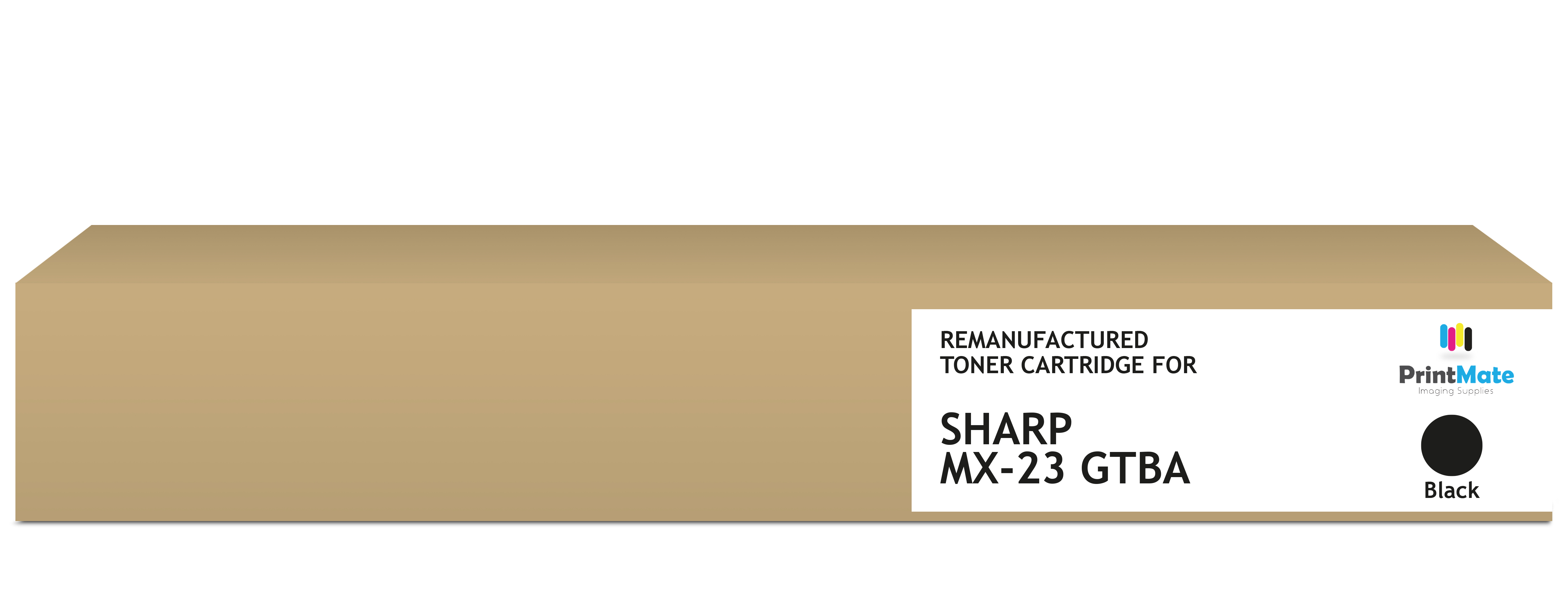 Una scatola marrone di una cartuccia toner rigenerata per Sharp MX-23 GTBA. La scatola ha un'etichetta bianca con i dettagli.
