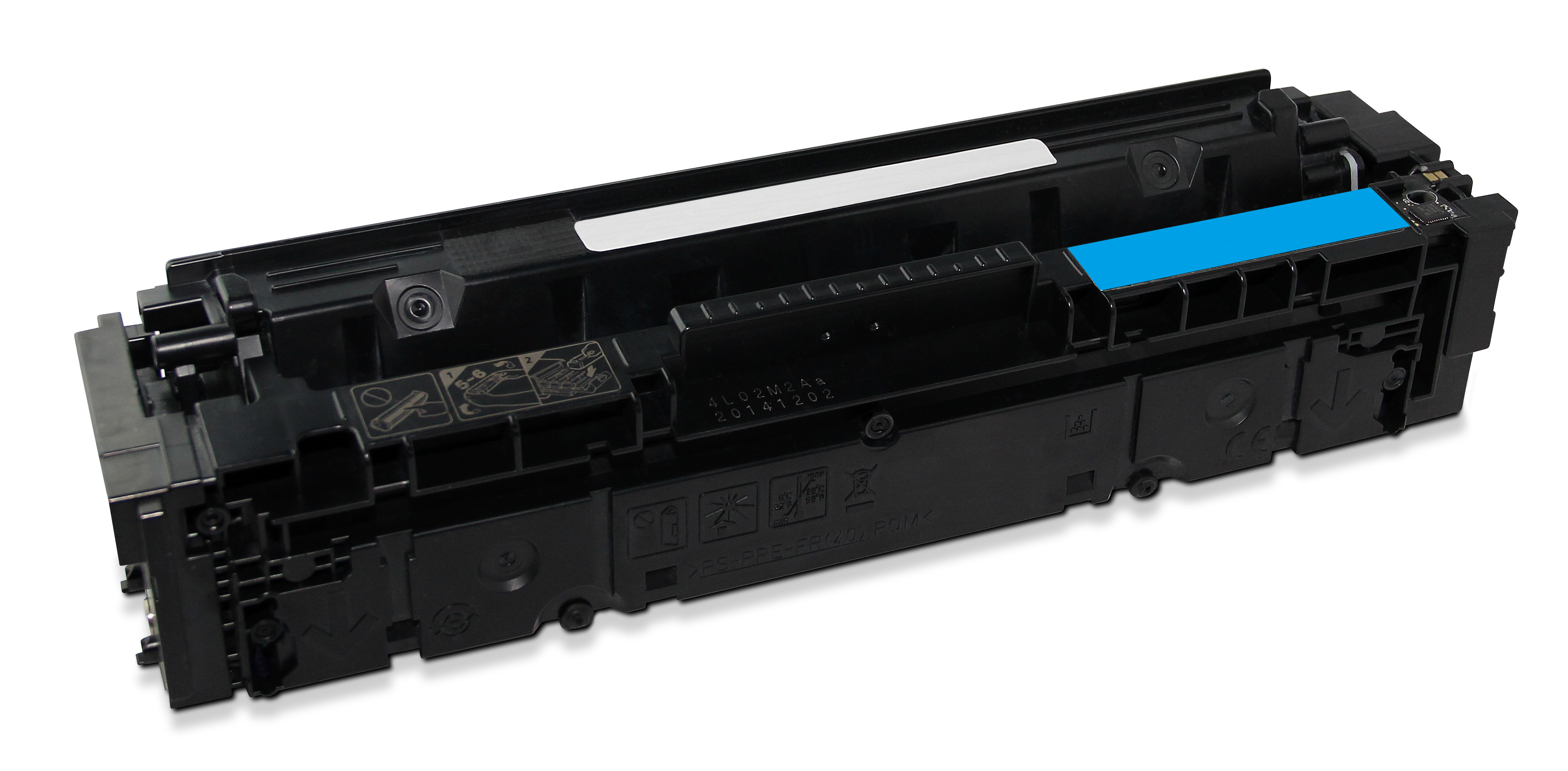 Cartuccia toner nera con sezione blu ed etichetta bianca, su sfondo bianco.