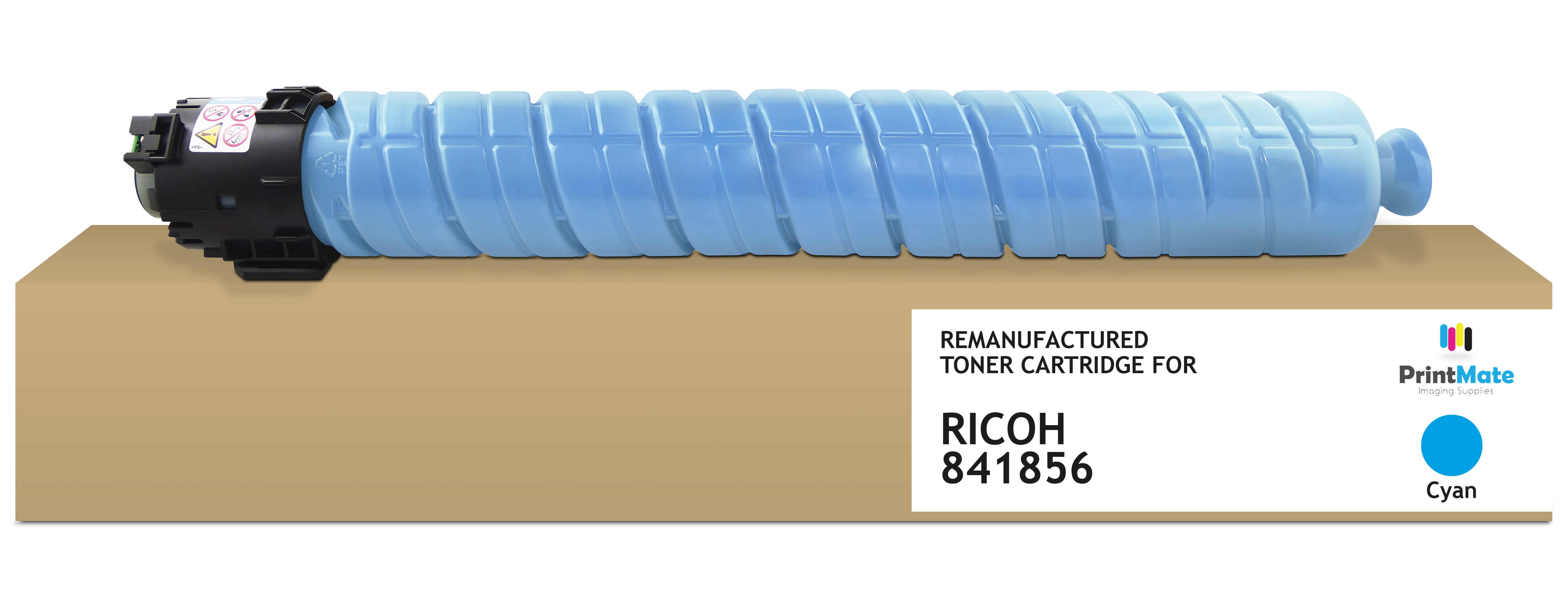 Una cartuccia toner ciano per Ricoh 841856, su una scatola marrone. È un prodotto rigenerato. Logo PrintMate a destra.