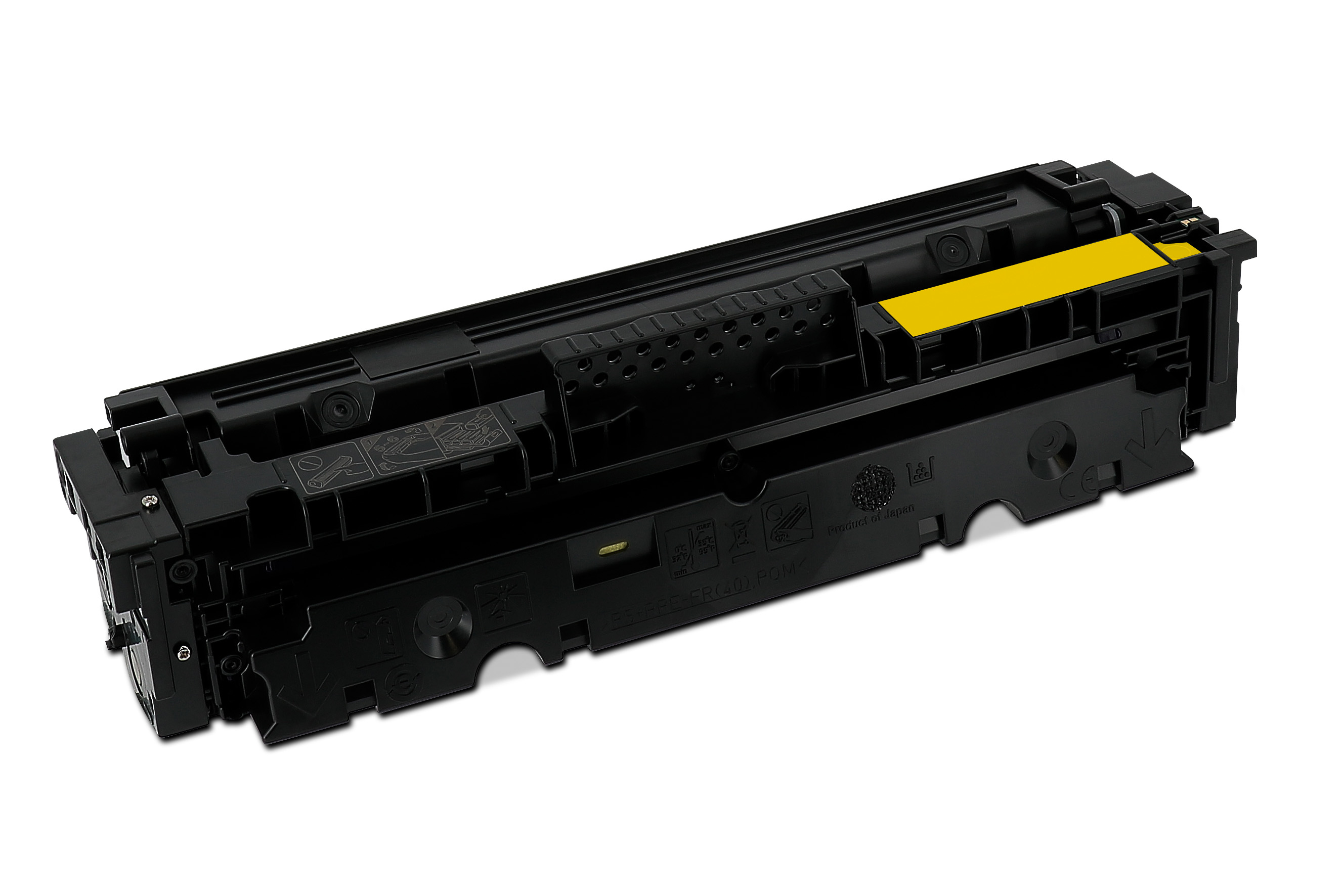 Cartuccia toner nera e gialla su sfondo bianco, con testo e segni.