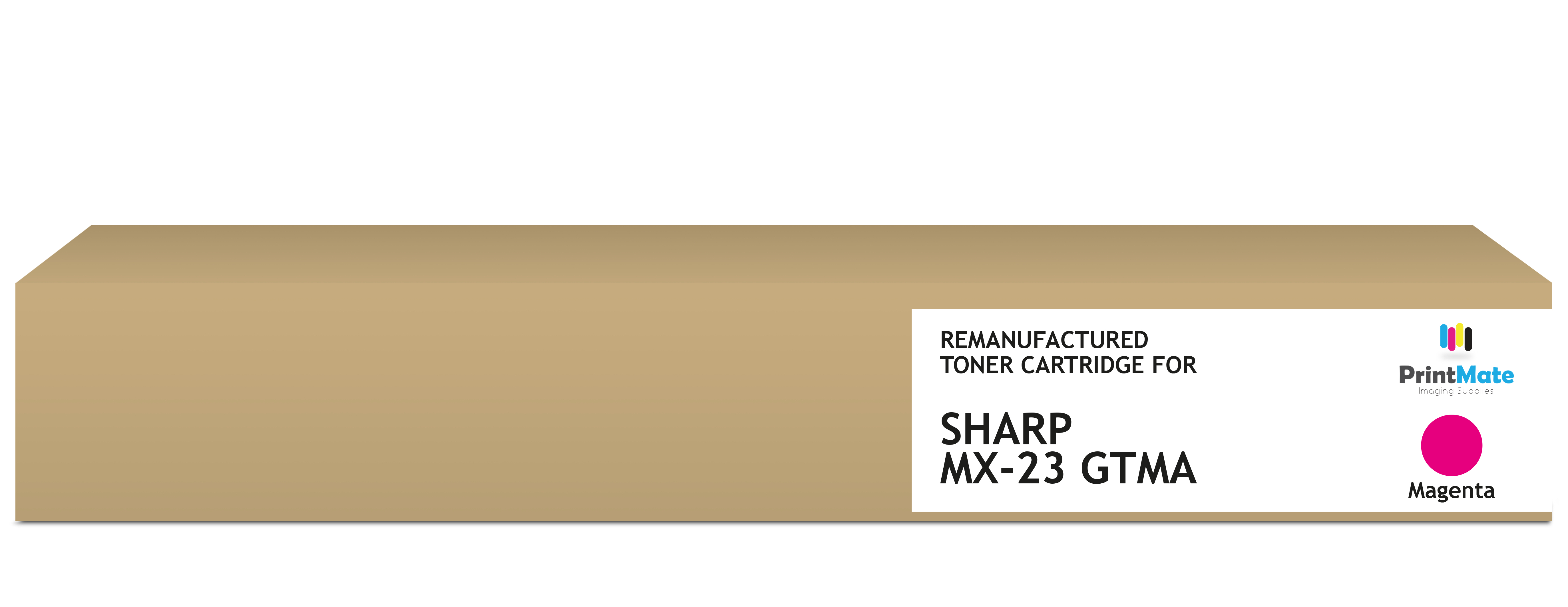 Una scatola marrone con un'etichetta bianca. L'etichetta recita 'Cartuccia toner rigenerata per Sharp MX-23 GTMA'. È visibile un cerchio magenta.