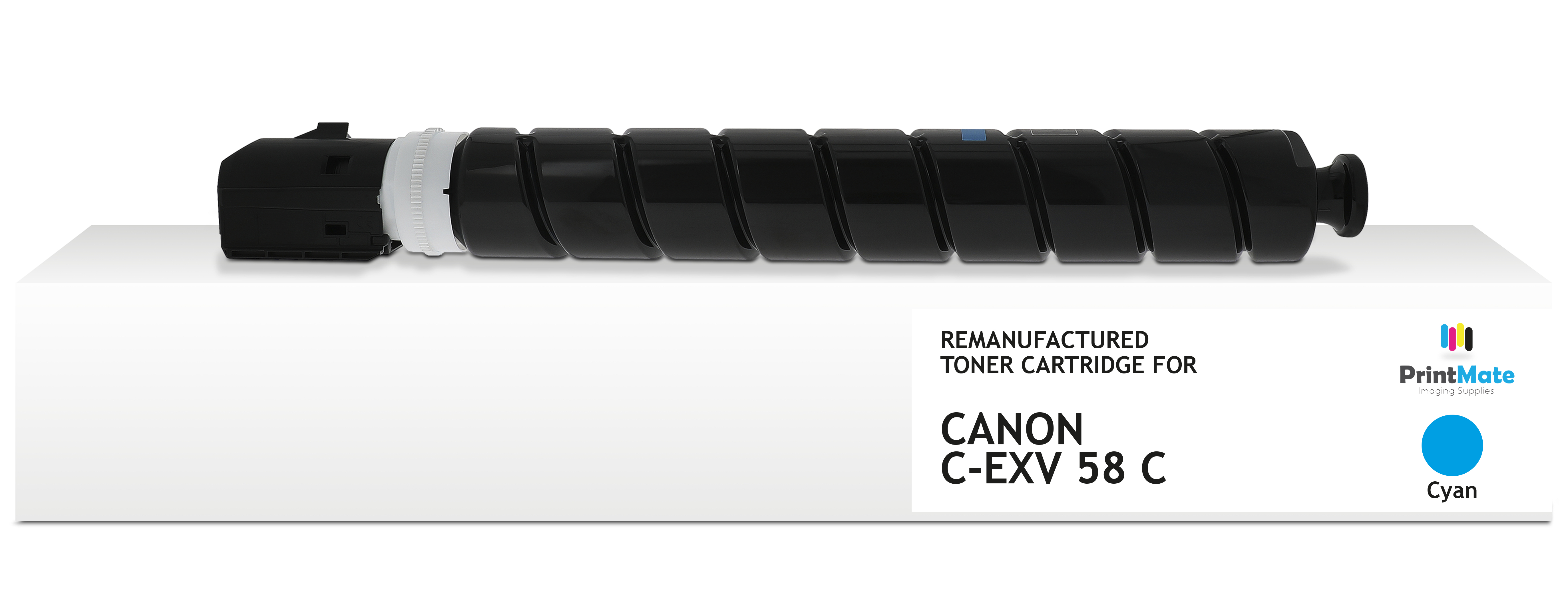 Cartuccia toner nera su superficie bianca. L'etichetta recita: Cartuccia toner rigenerata per Canon C-EXV 58 C. Colore ciano indicato.