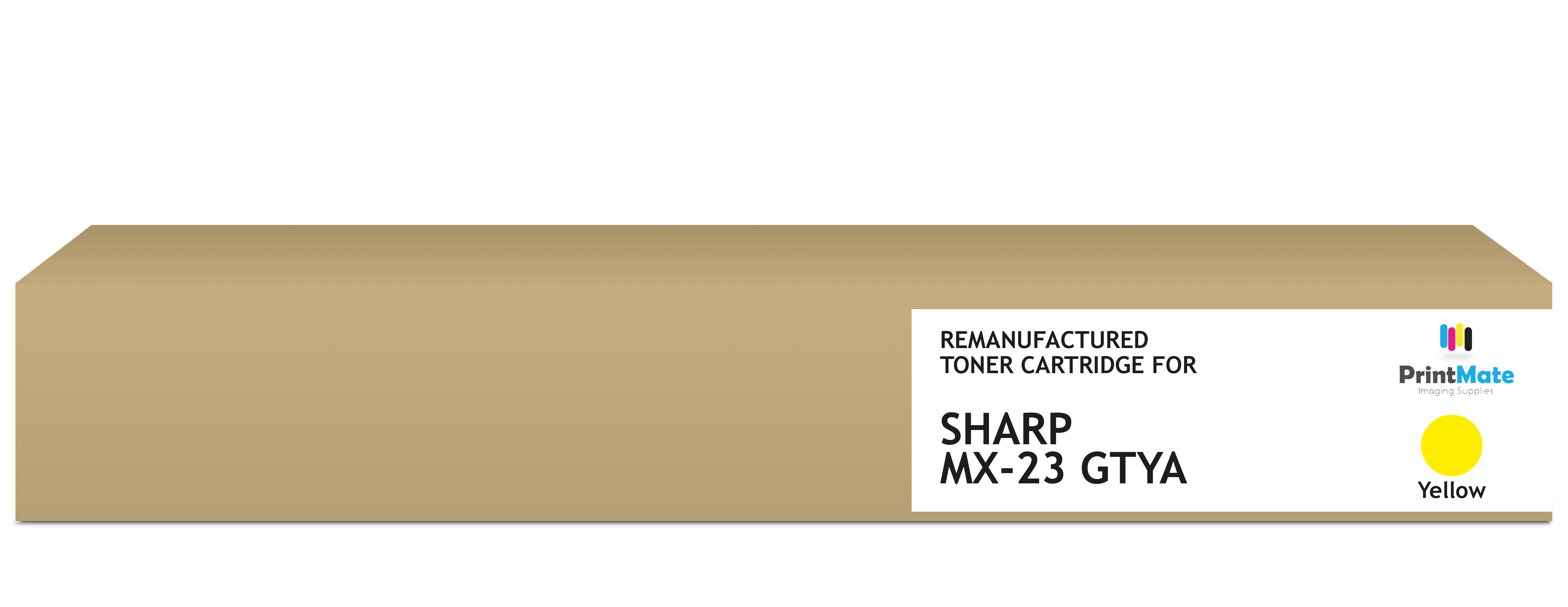 Una scatola rettangolare marrone con testo. È una cartuccia toner rigenerata per Sharp MX-23 GTYA, con un cerchio giallo.