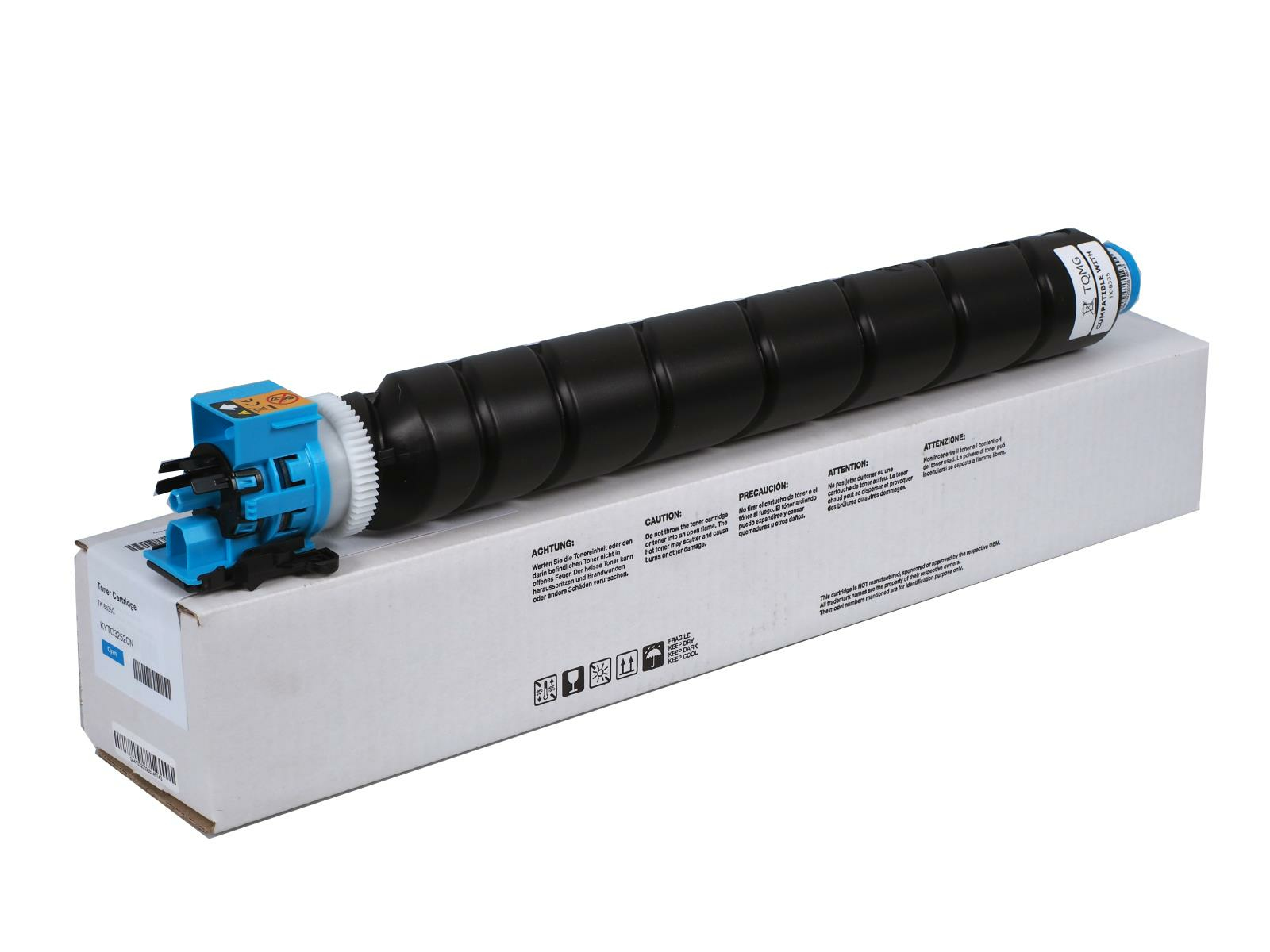Una cartuccia toner nera con parti blu e bianche è posta su una scatola bianca. Sulla scatola sono stampate delle avvertenze.