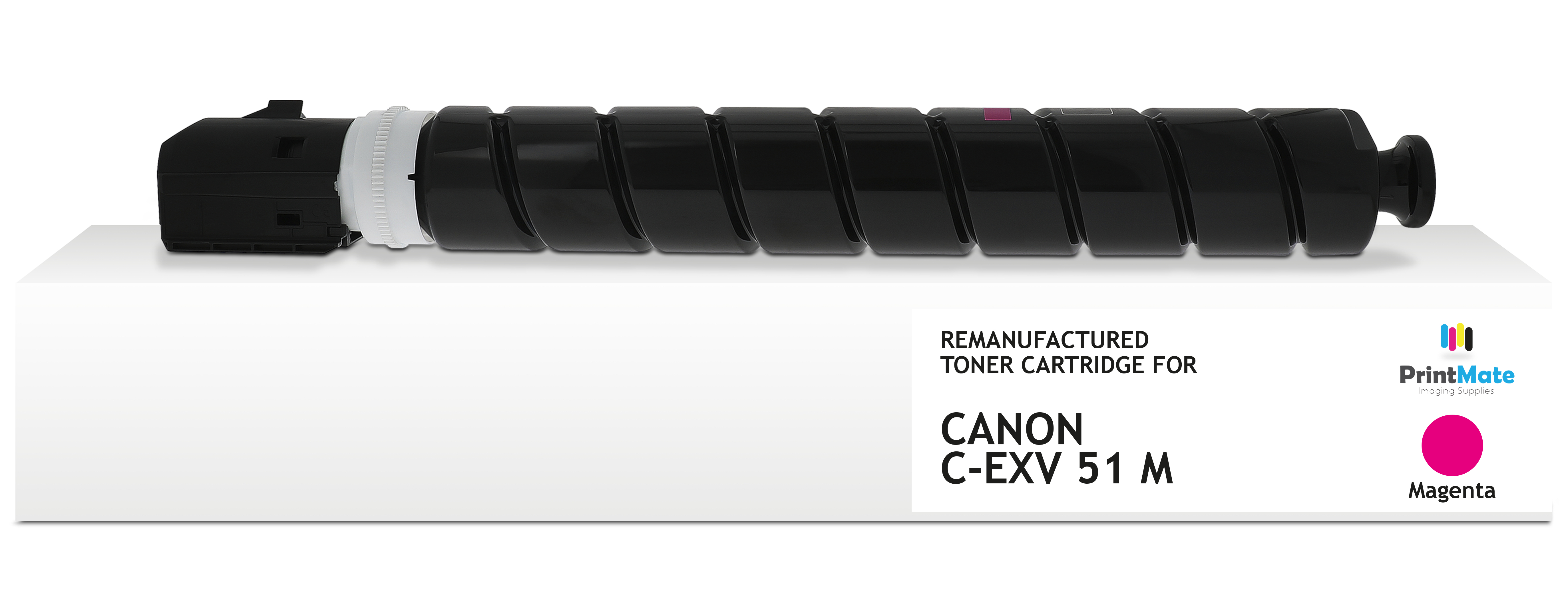 Una cartuccia toner nera Canon C-EXV 51 M su una scatola bianca, con colore magenta indicato. Il logo PrintMate è visibile.