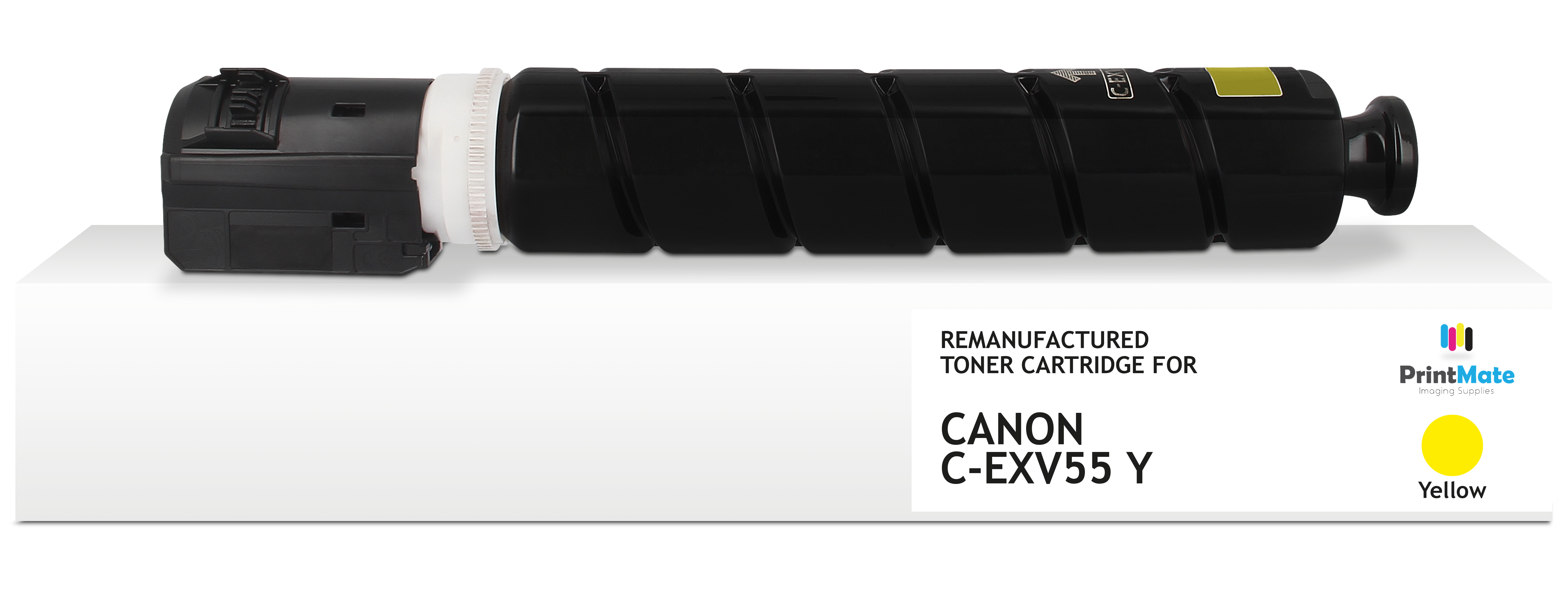 Una cartuccia toner Canon C-EXV55 Y nera su una superficie bianca. Il colore giallo è indicato. Logo PrintMate a destra.