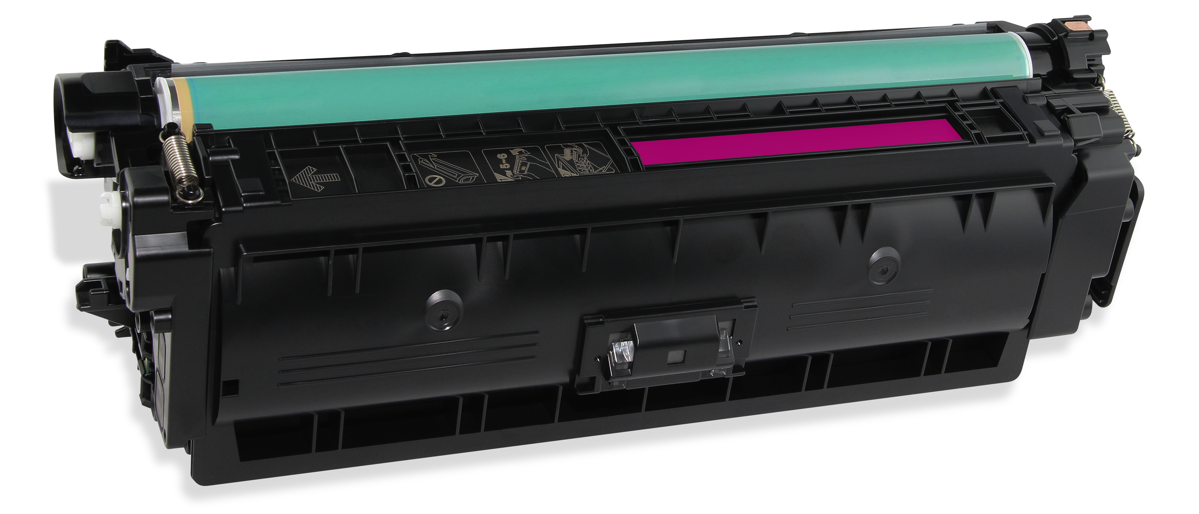 Una cartuccia della stampante nera e verde. È visibile una striscia magenta. Sono presenti anche una molla e altri componenti meccanici.