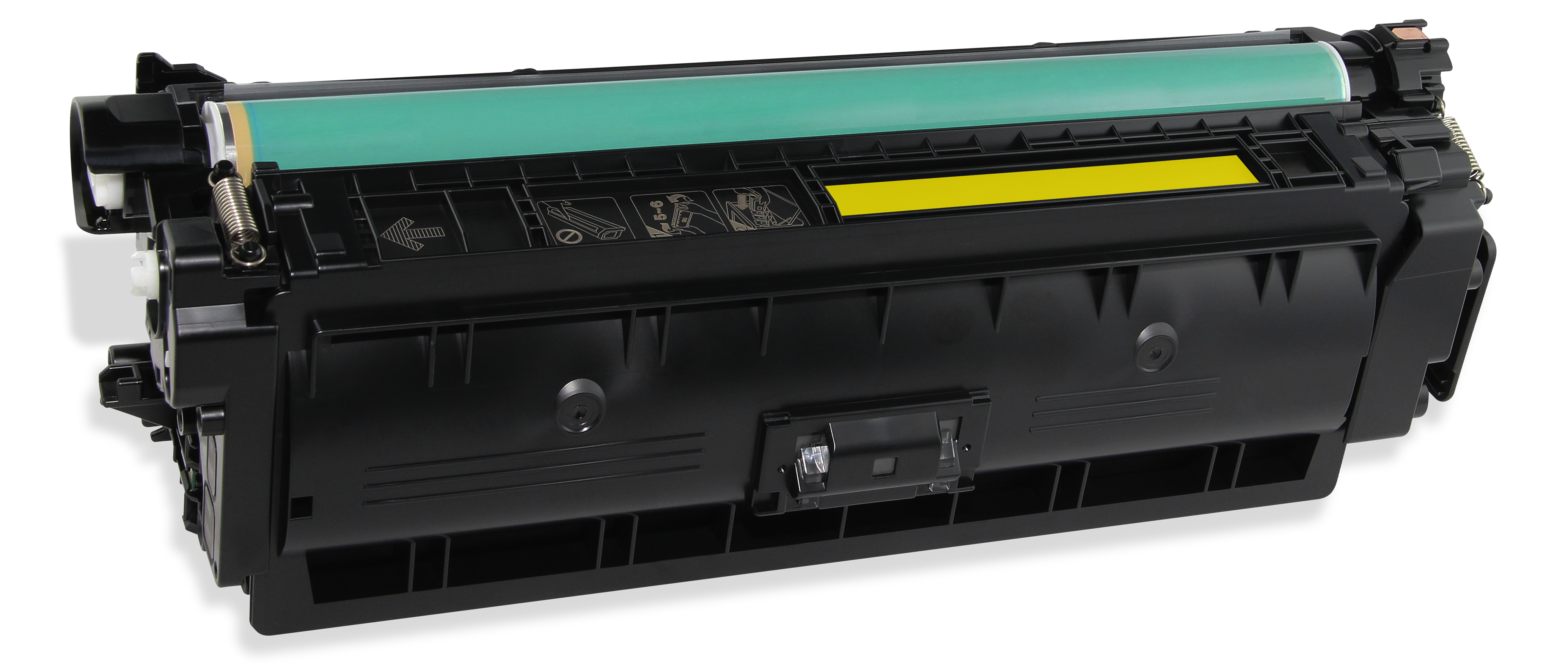 Cartuccia toner per stampante nera con parti interne gialle e verdi. Corpo in plastica nera con simboli di freccia e molla.