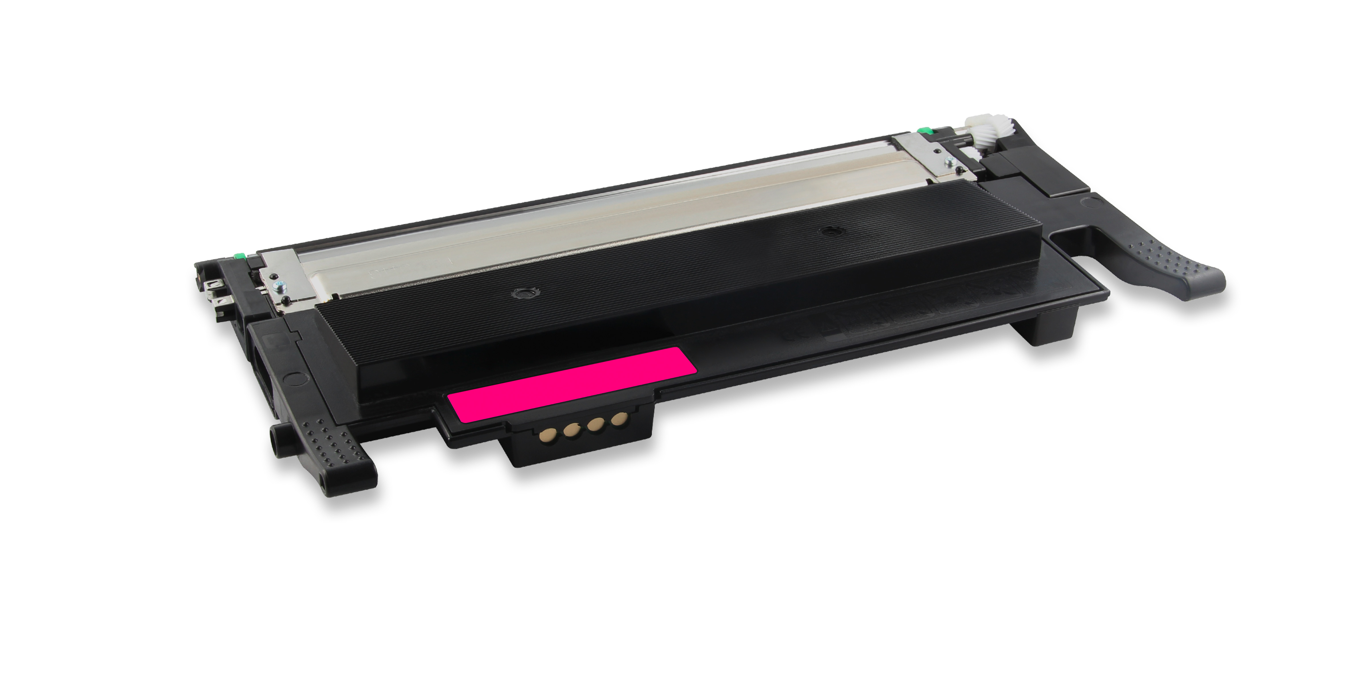 Una cartuccia toner per stampante nera e argento con un'etichetta rosa brillante. La cartuccia ha una maniglia ed è su sfondo bianco.