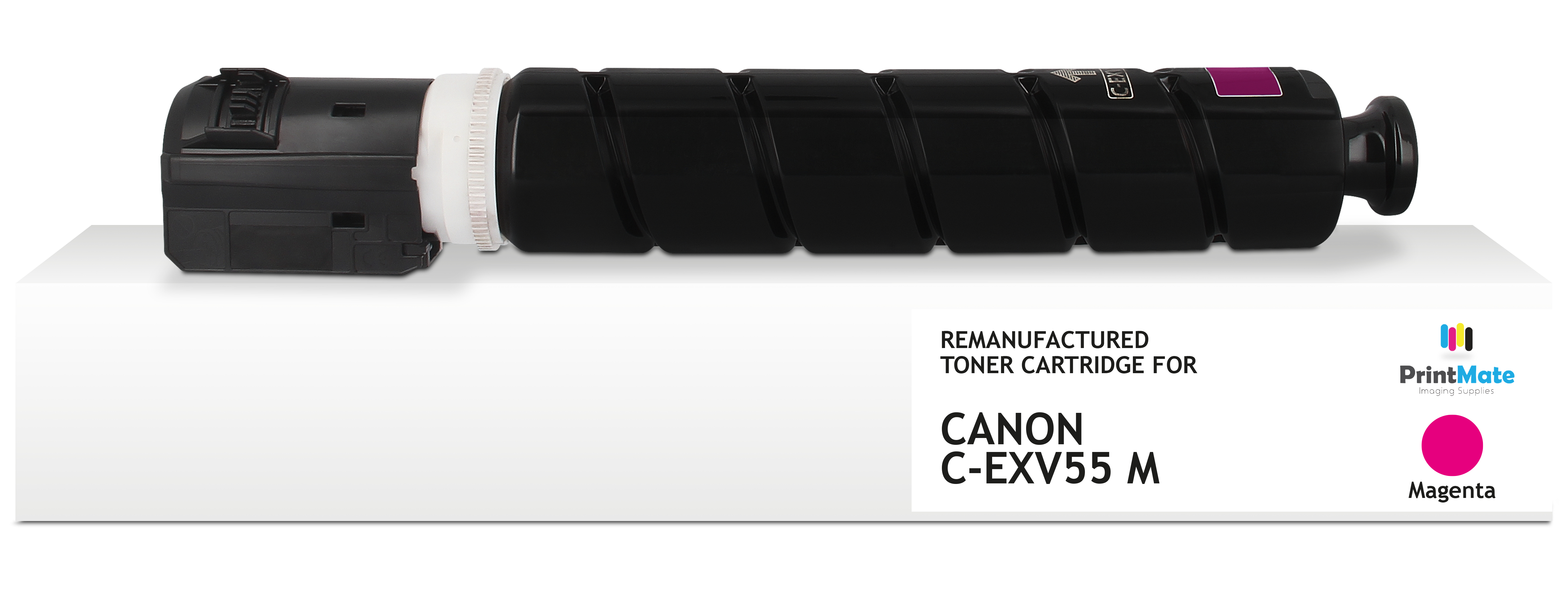 Cartuccia toner nera su scatola bianca. Testo: CANON C-EXV55 M, Magenta. Logo PrintMate.