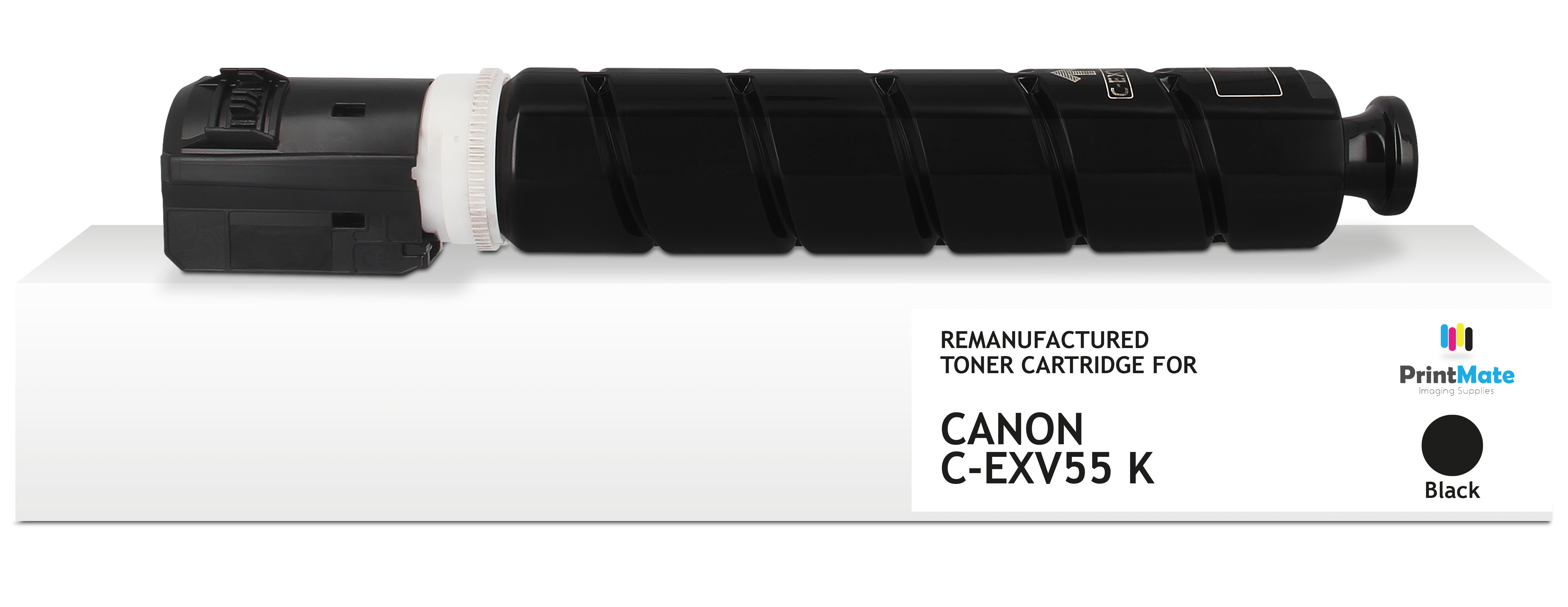 Cartuccia toner nera per Canon C-EXV55 K, su superficie bianca, con marchio 'PrintMate'. La cartuccia è cilindrica.