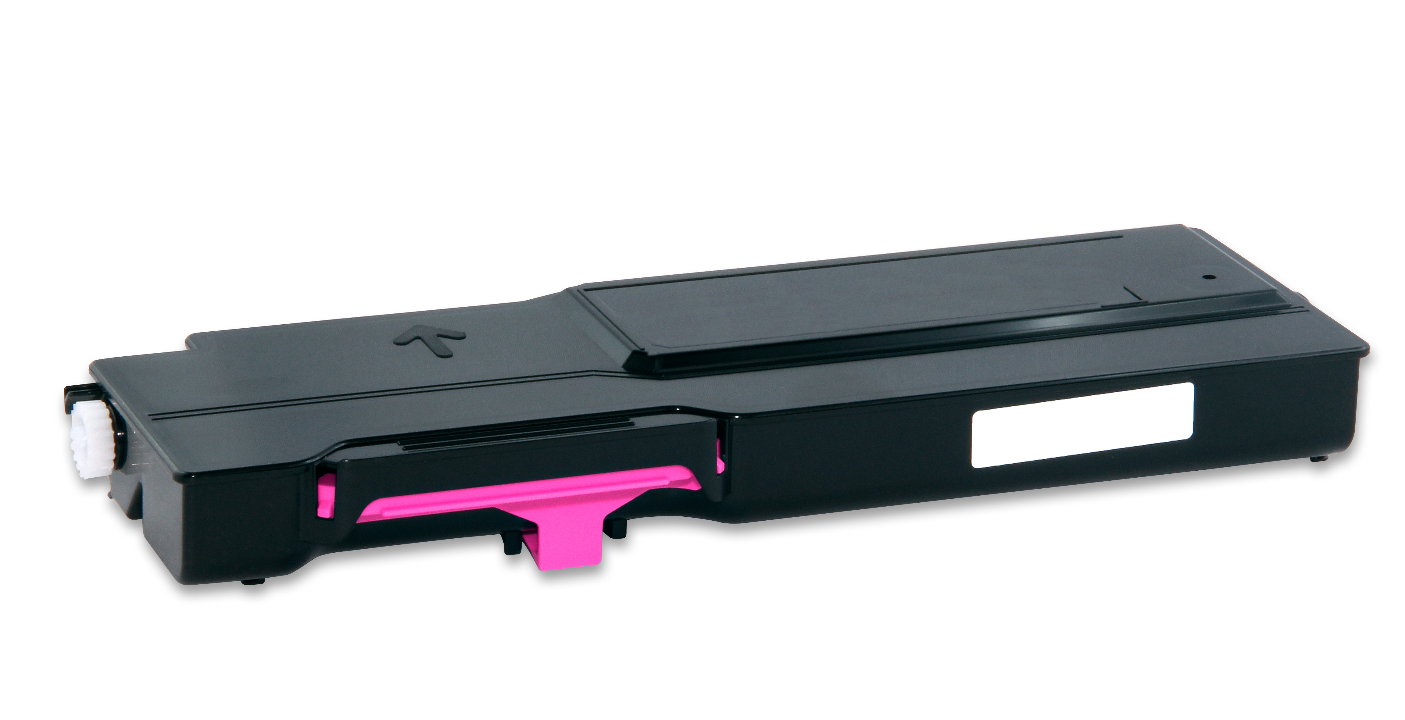 Una cartuccia toner nera con leva rosa ed etichetta bianca su sfondo bianco. Una freccia è sulla parte superiore della cartuccia.