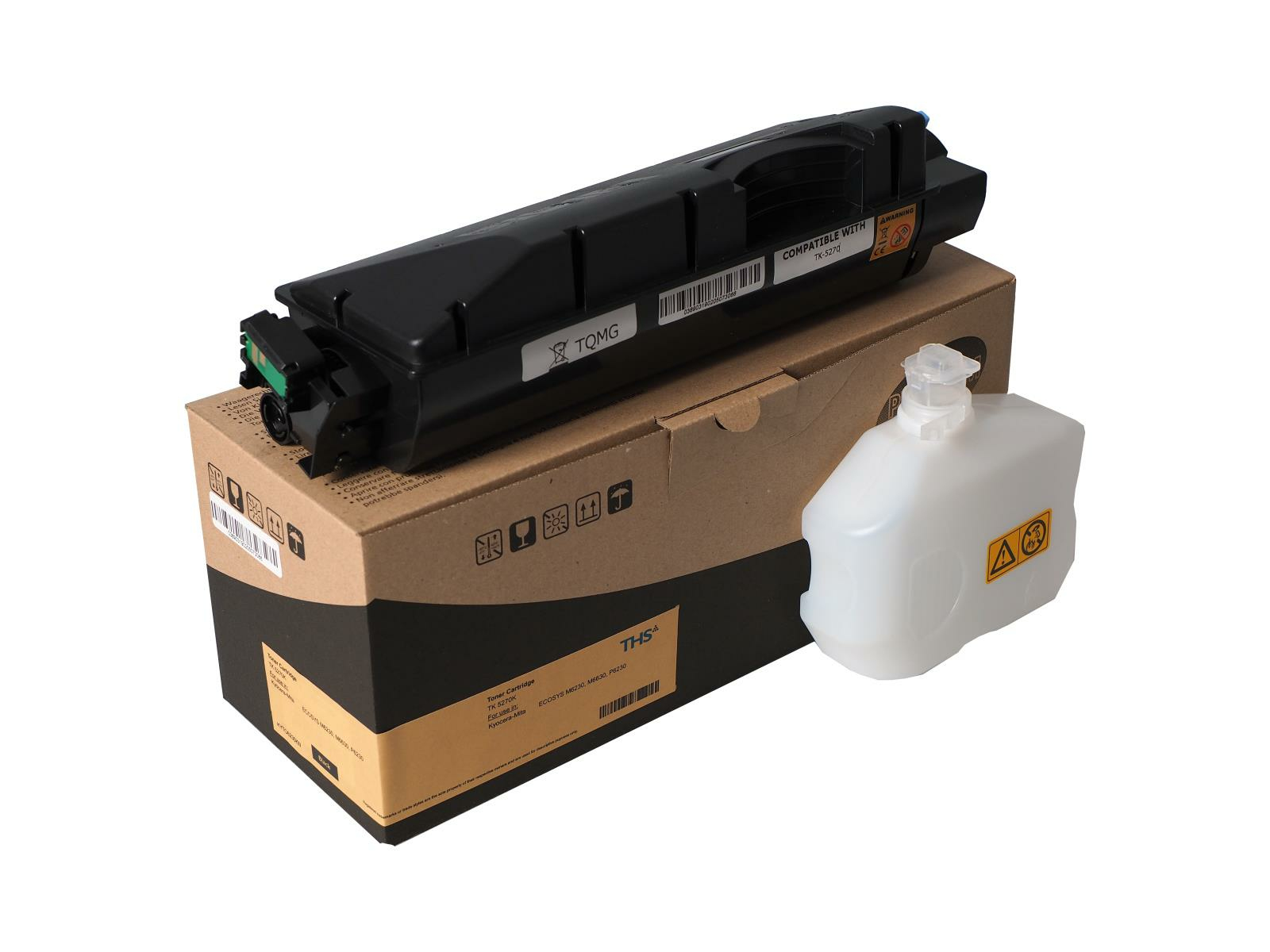 Cartuccia toner nera, scatola e bottiglia bianca. La cartuccia è sulla scatola, che ha del testo. La bottiglia ha segnali di avvertimento.