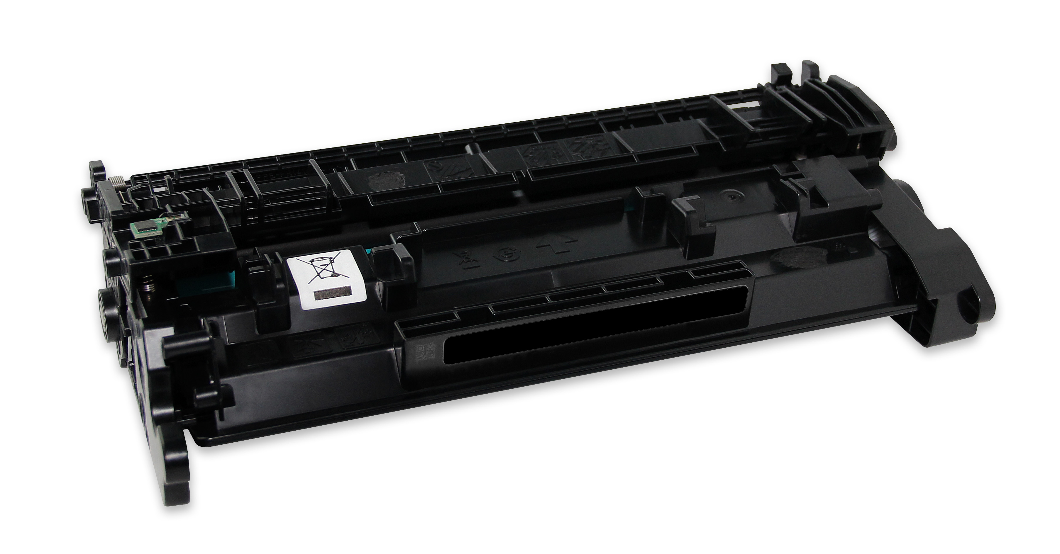 Una cartuccia toner nera per stampante su sfondo bianco. Ha una forma complessa con vari scomparti ed etichette.