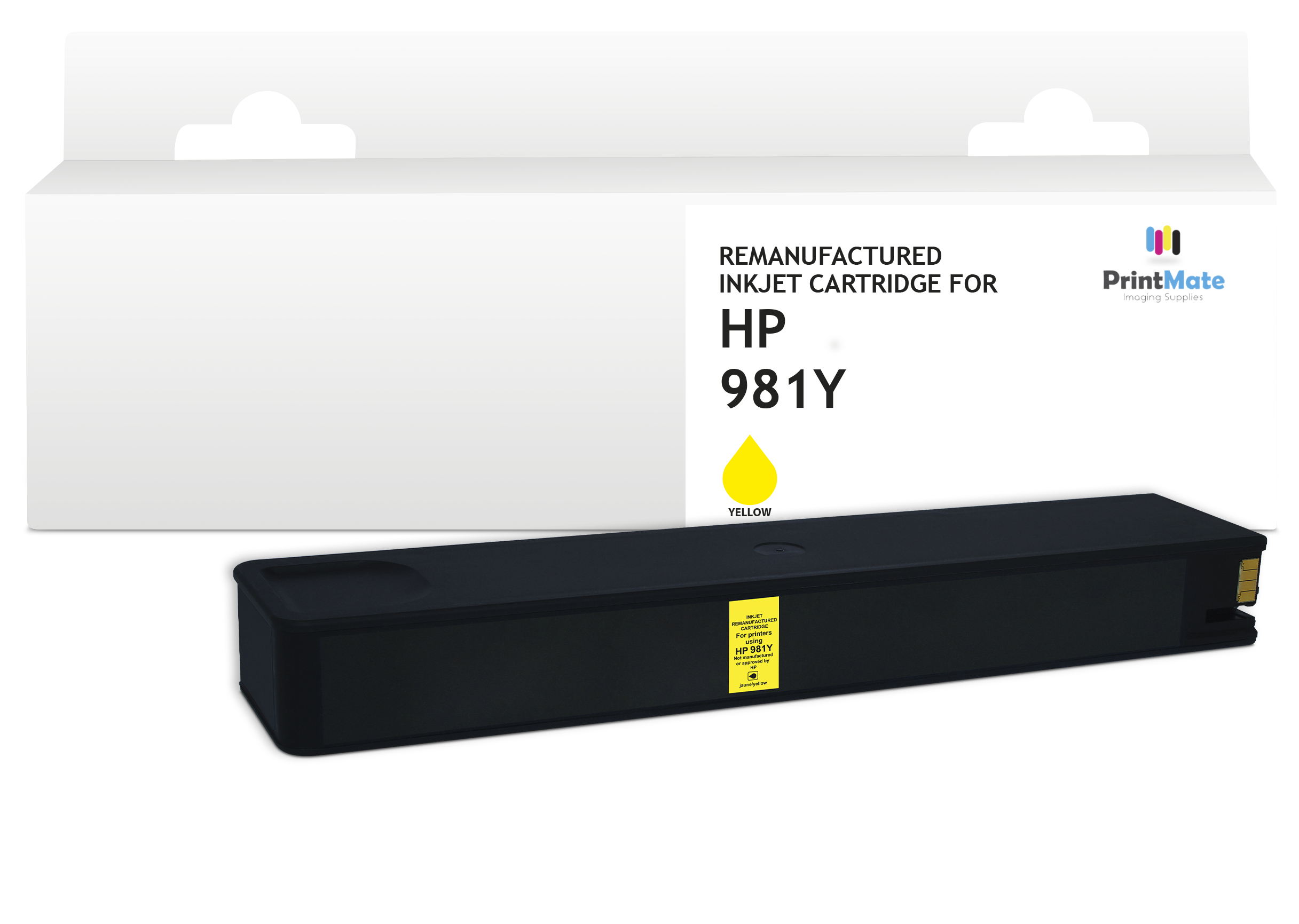 Una cartuccia a getto d'inchiostro rigenerata HP 981Y nera è davanti alla sua scatola. La scatola è bianca con testo e loghi.