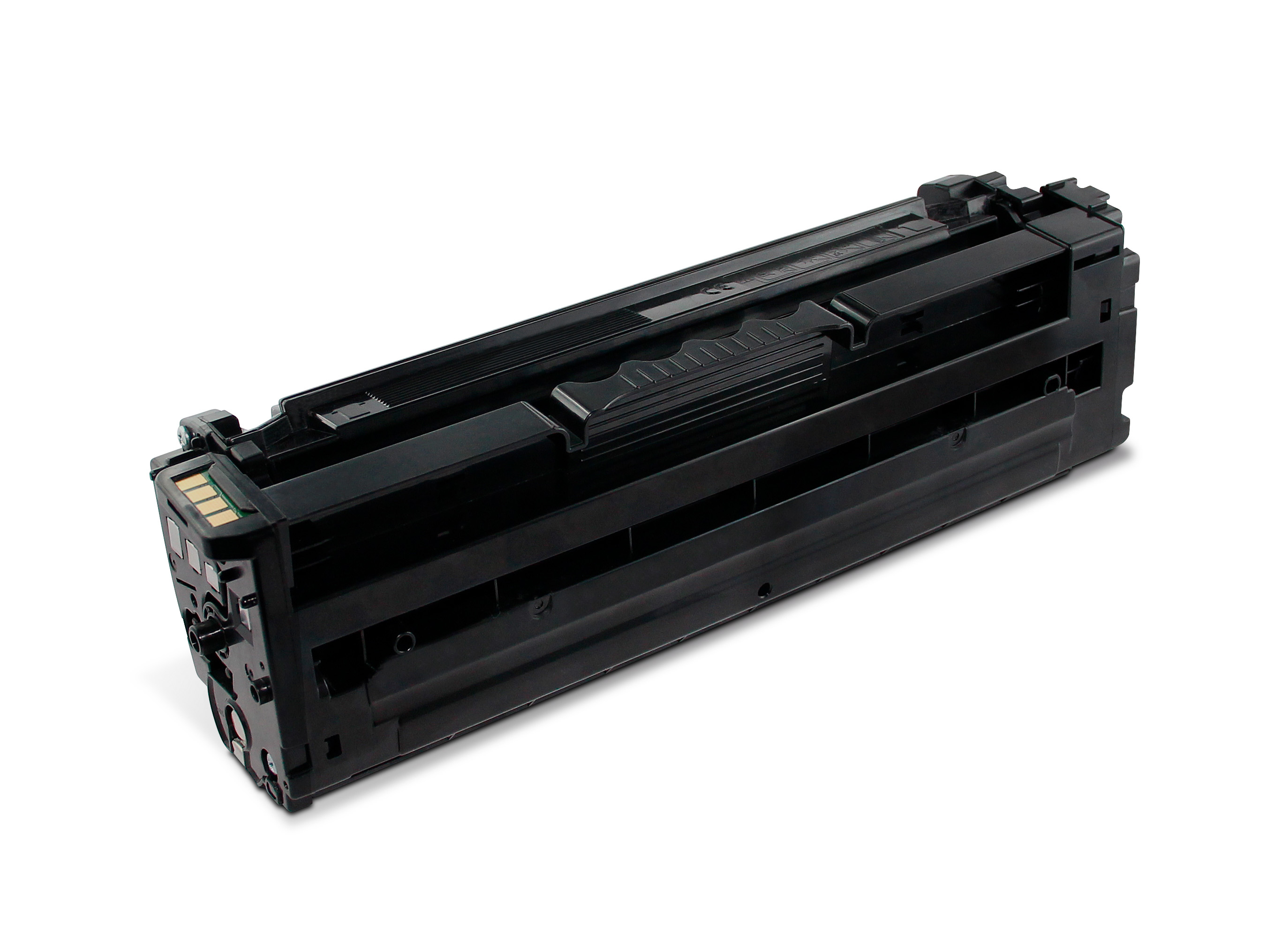Una cartuccia toner nera, angolata su sfondo bianco.