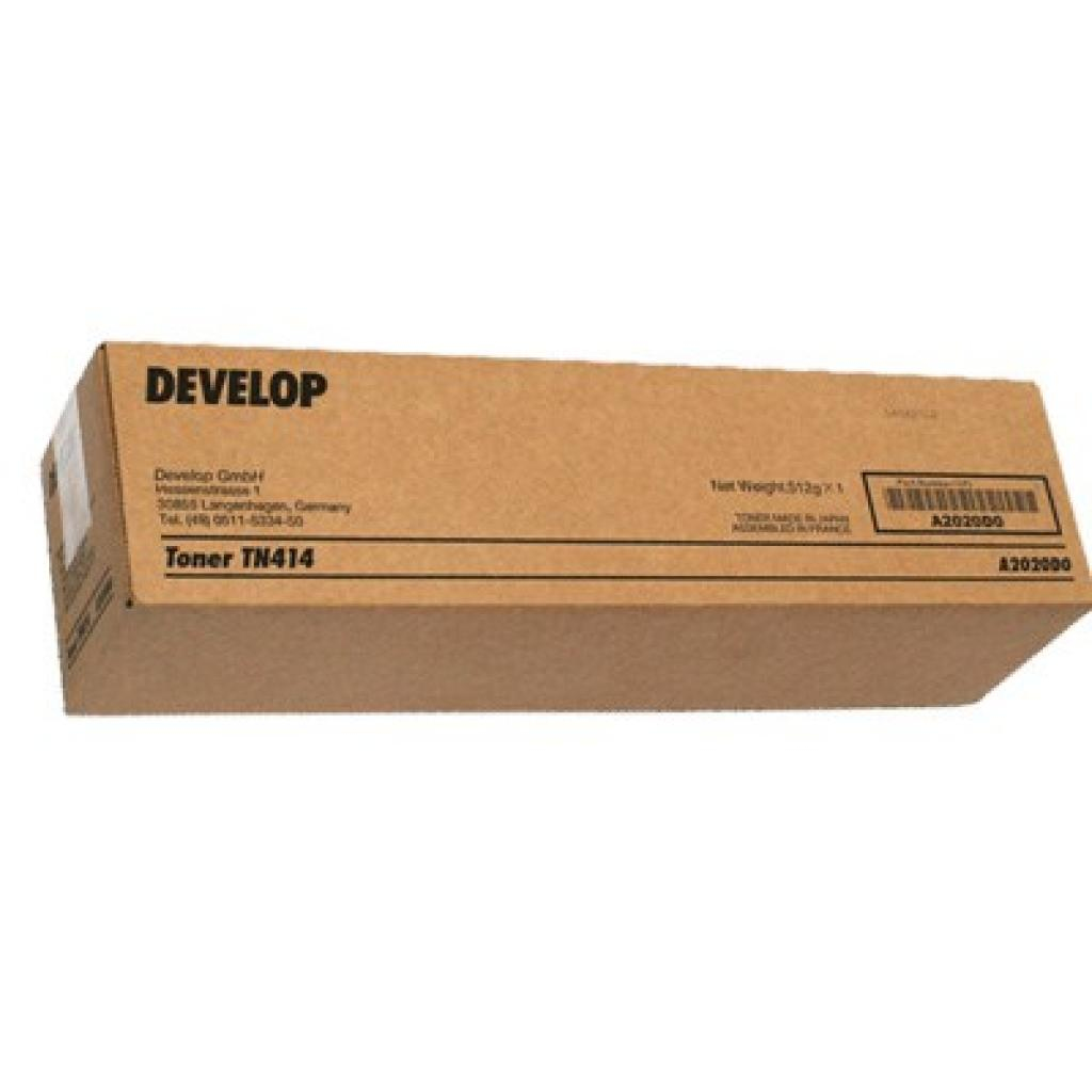 Una scatola di toner Develop marrone con la scritta 'Toner TN414'. La scatola riporta dettagli come l'indirizzo dell'azienda e un codice a barre.