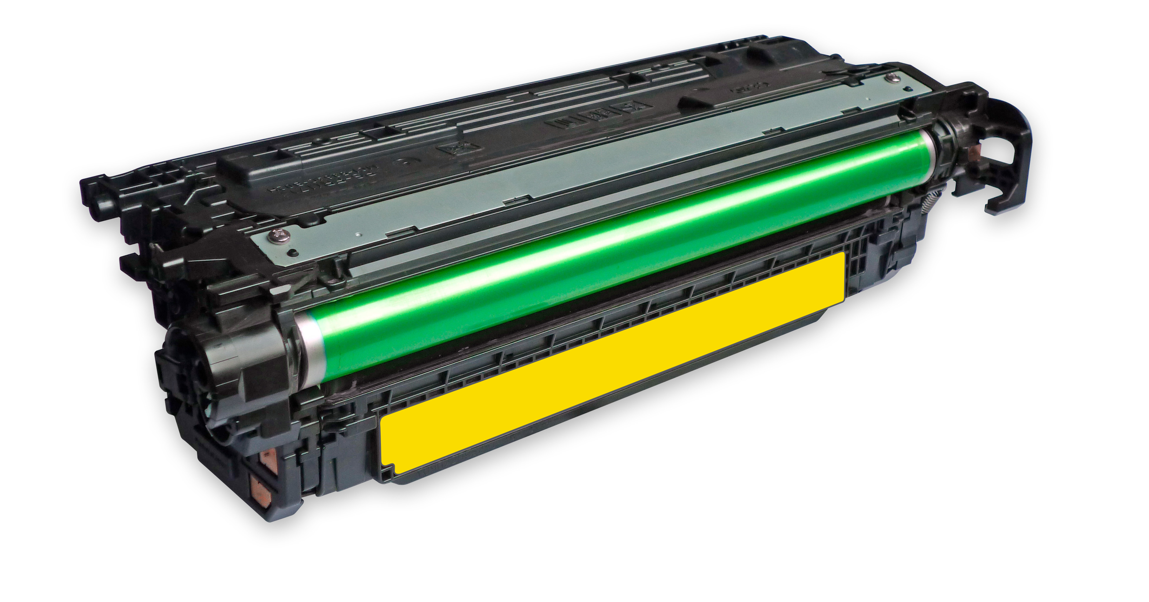 Una cartuccia toner nera e verde su sfondo bianco. Il toner ha un'etichetta gialla. Il cilindro è verde.