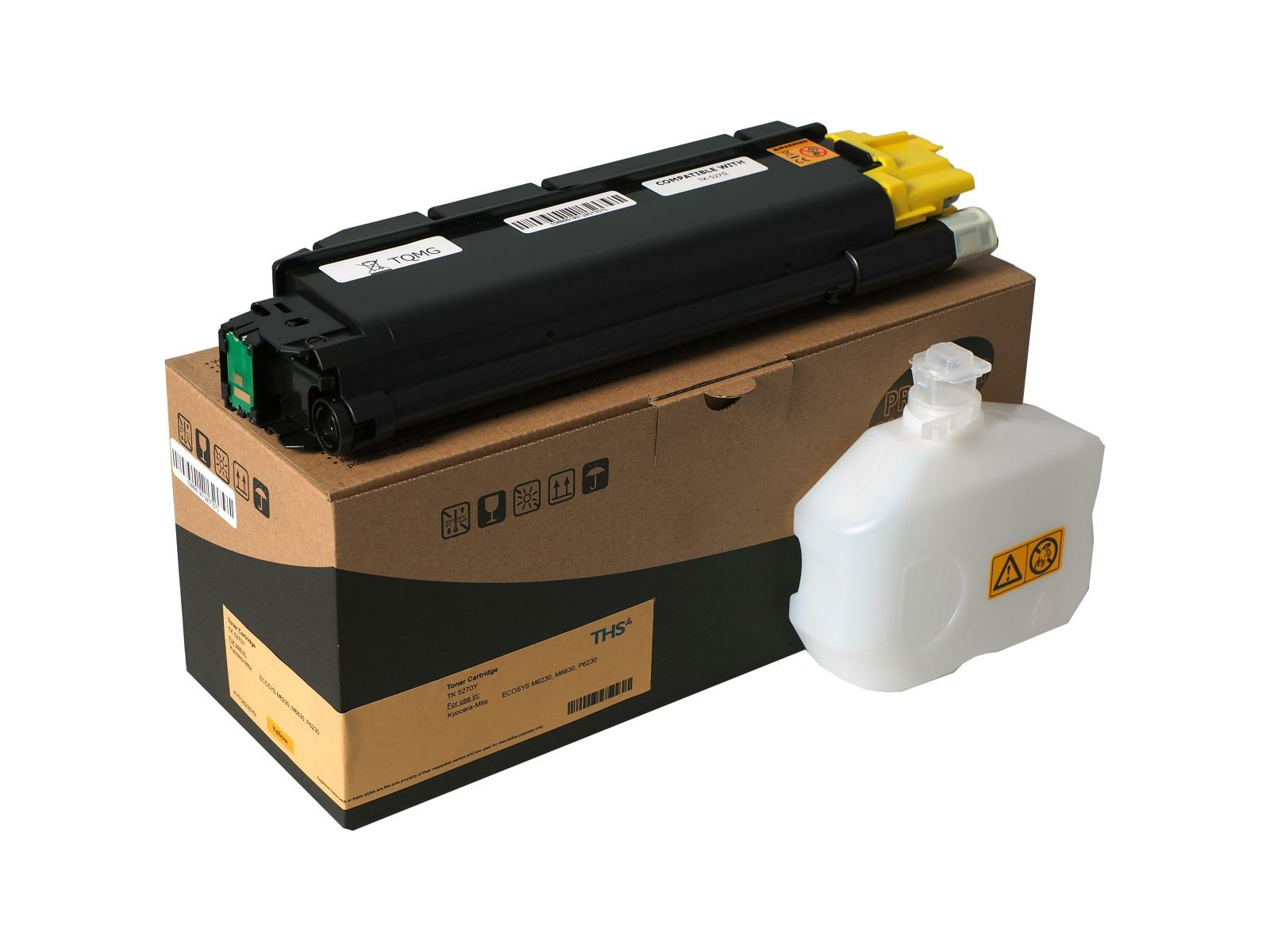 Una cartuccia di toner nera con estremità gialle è su una scatola marrone. Accanto c'è un contenitore di plastica bianca.