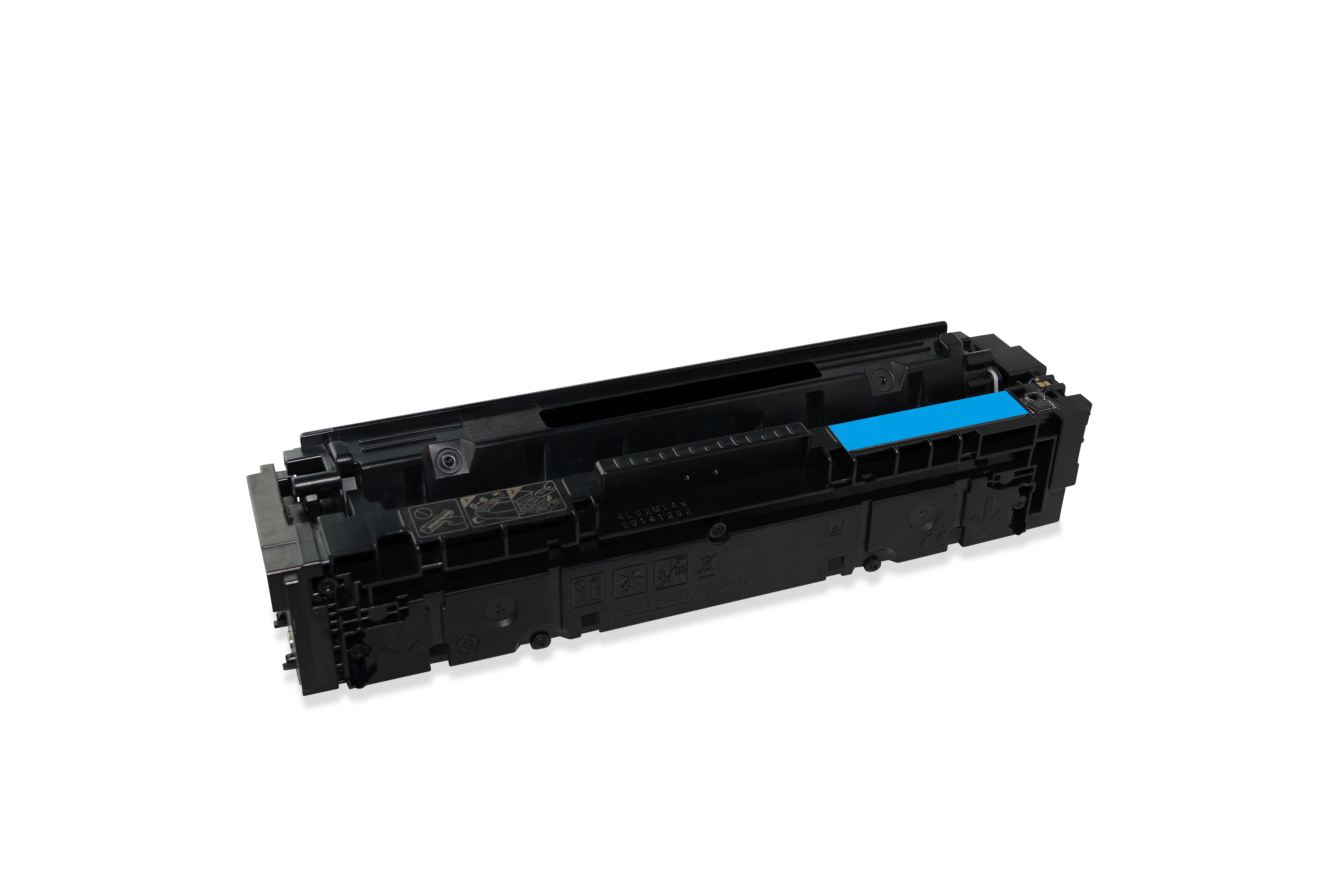 Una cartuccia toner nera con una sezione blu, isolata su sfondo bianco.