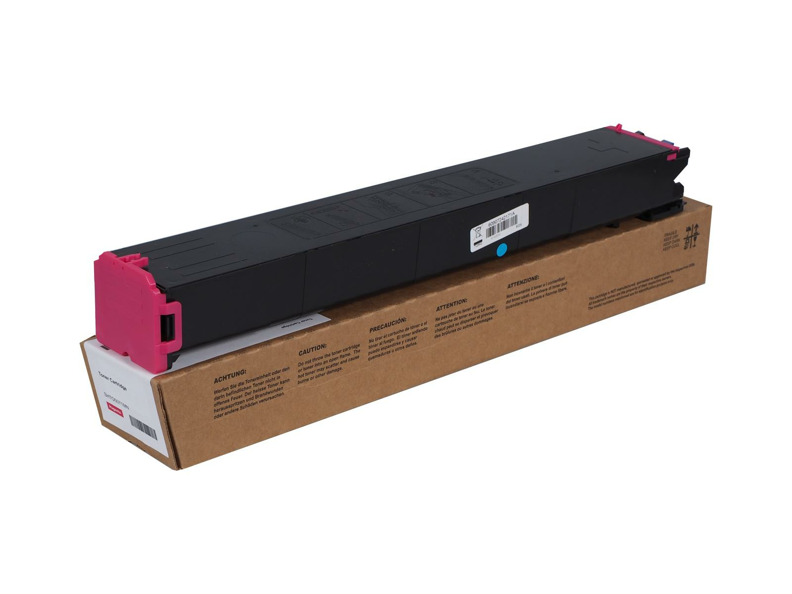 Una cartuccia toner nera con estremità magenta poggia su una scatola di cartone. Avvisi stampati sulla scatola in più lingue.