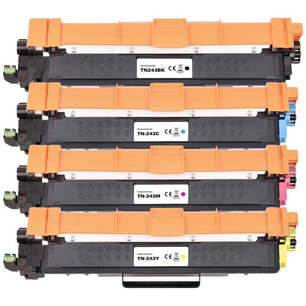 Pila di cartucce toner nere, arancioni e colorate. Le etichette riportano TN243BK, TN-243C, TN-243M e TN-243Y con marchi CE.