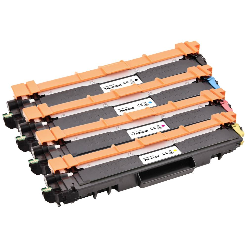Diverse cartucce toner per stampanti sono impilate. Sono nere con manici arancioni. Ognuna è etichettata con un codice colore e un numero di modello.