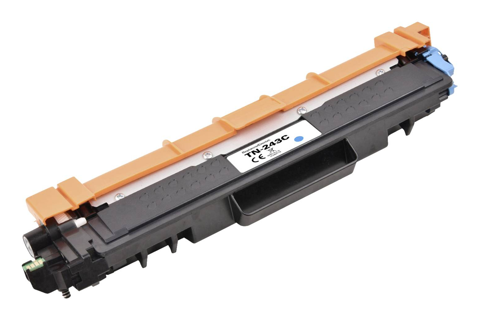 Una cartuccia toner nera e arancione. La cartuccia ha un'etichetta con la scritta TN-243C. Lo sfondo è bianco.