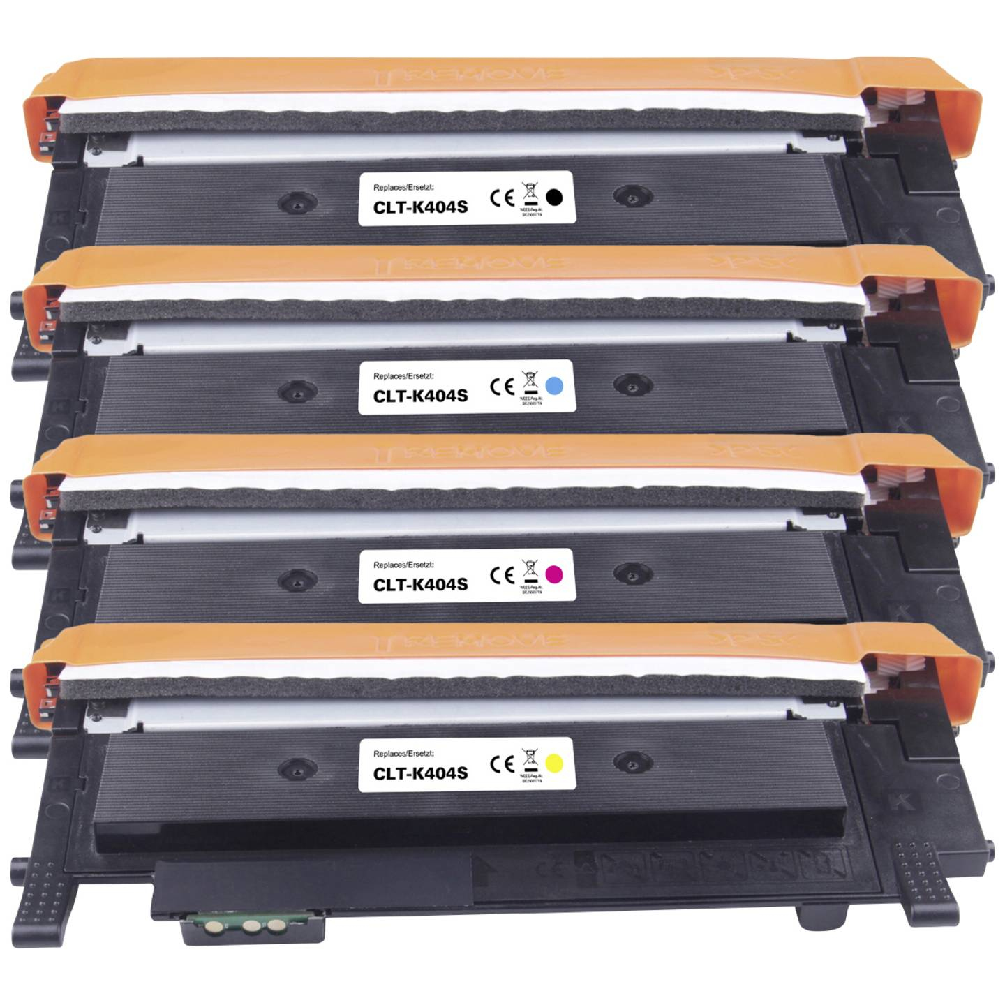 Cinque cartucce toner per stampanti nere e arancioni sono impilate. Ognuna ha un'etichetta con testo e un marchio CE. I colori sono nero, arancione e bianco.