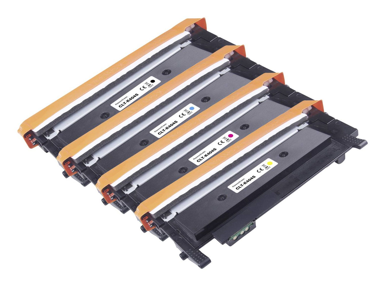 Diverse cartucce toner per stampanti impilate, con manici arancioni ed etichette bianche. Le cartucce presentano dettagli neri, grigi e bianchi.