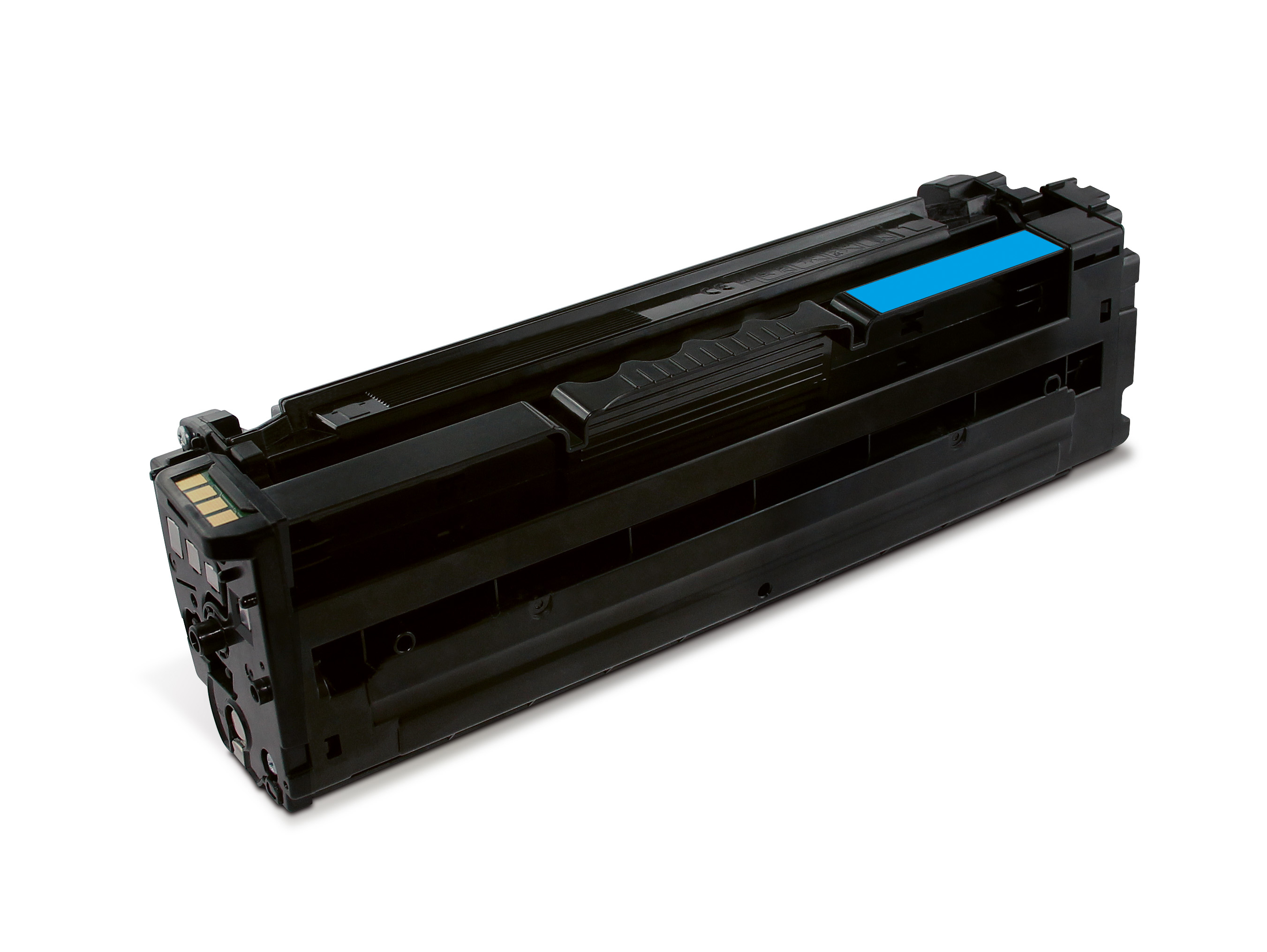 Una cartuccia toner per stampante nera con una sezione blu, isolata su sfondo bianco.
