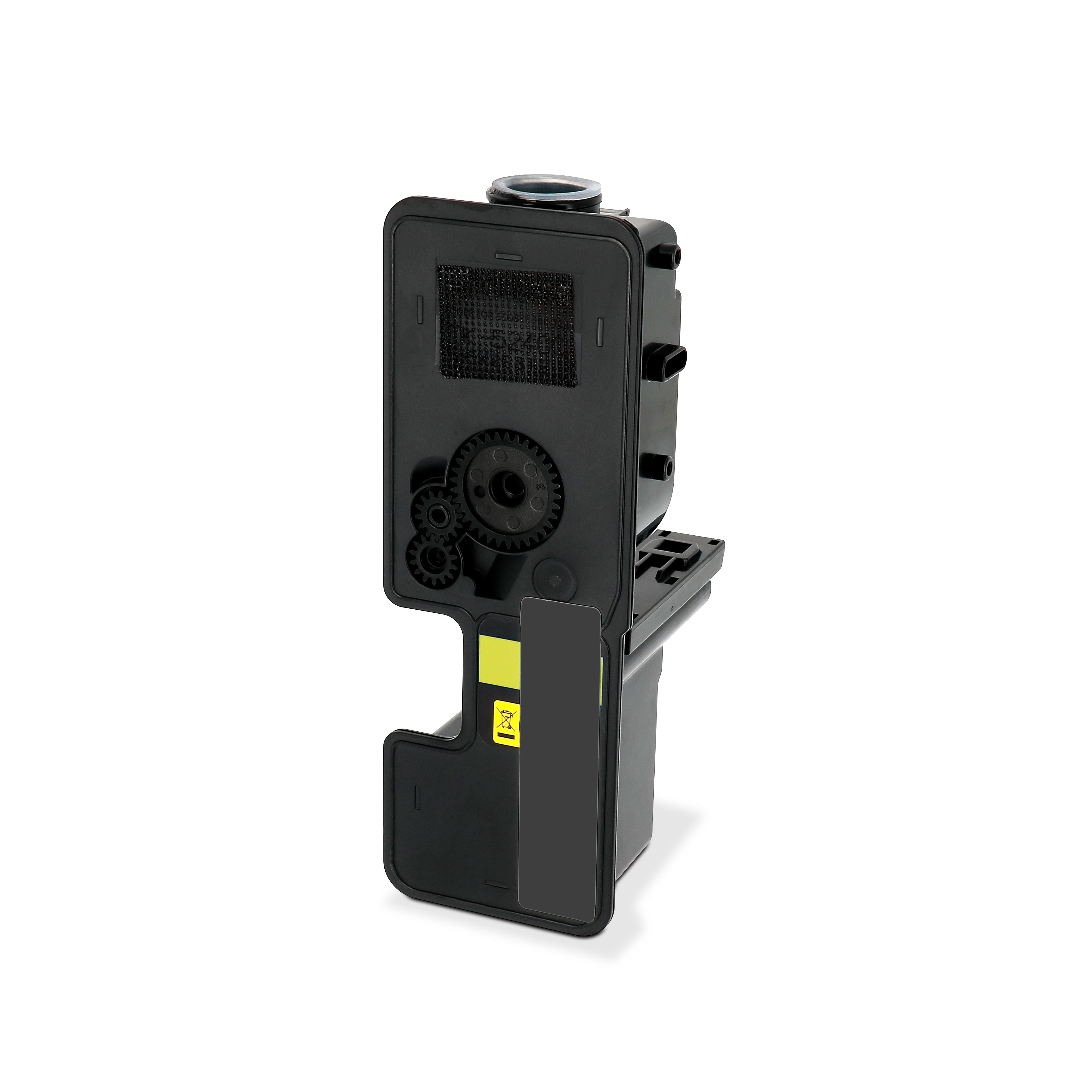 Cartuccia toner stampante nera con ingranaggi ed etichetta di avvertimento su sfondo bianco.